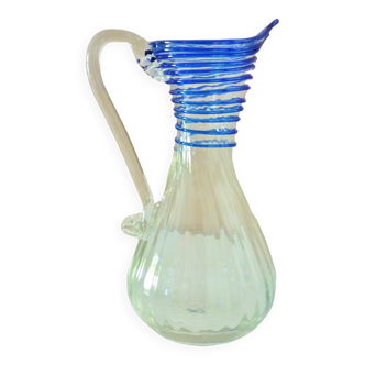 Carafe, Norman pitcher, 19th century, twisted blown glass, decorated with a cobalt blue net