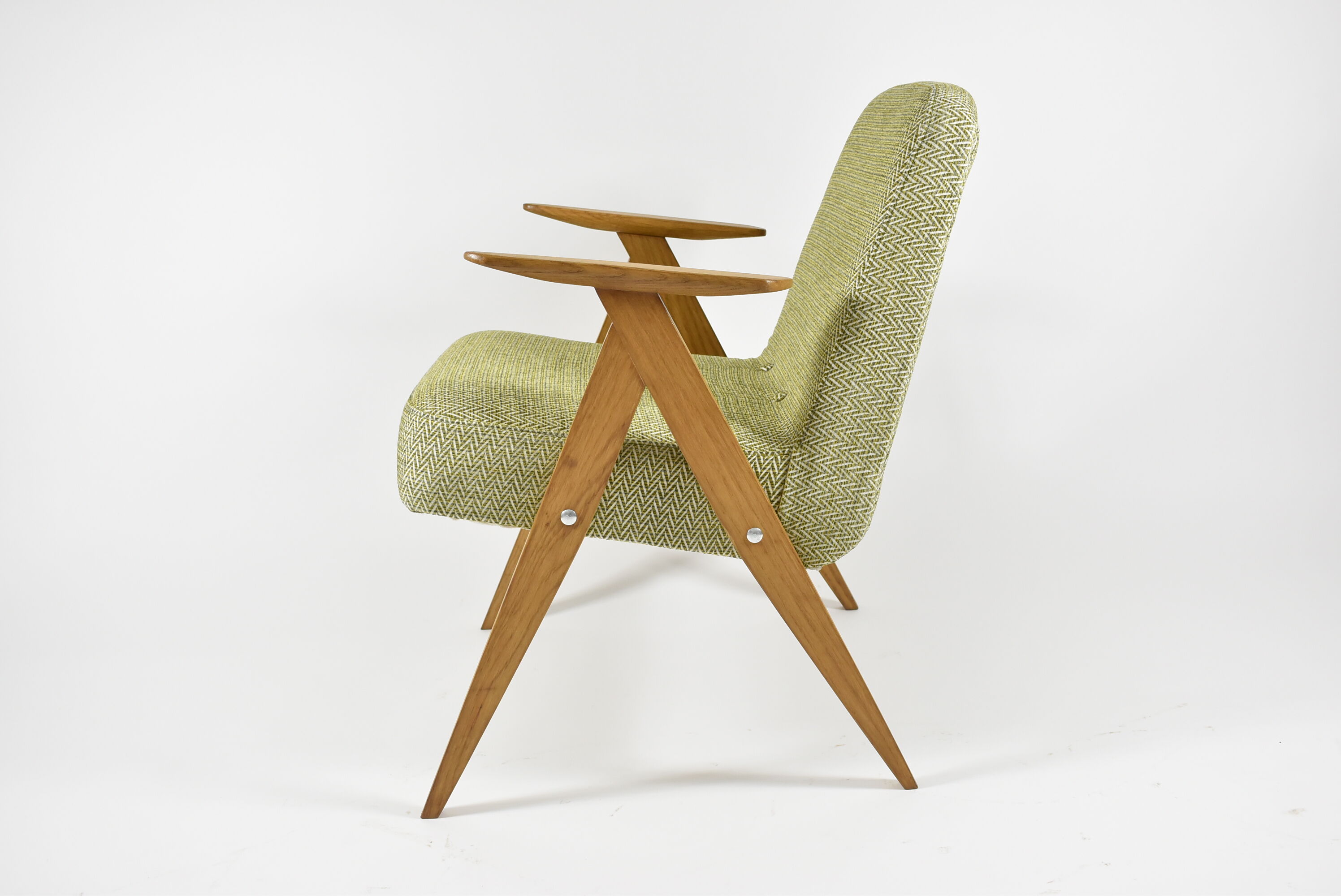 Vintage original armchair , 1960s, restored, upholstered, herringbone fabric