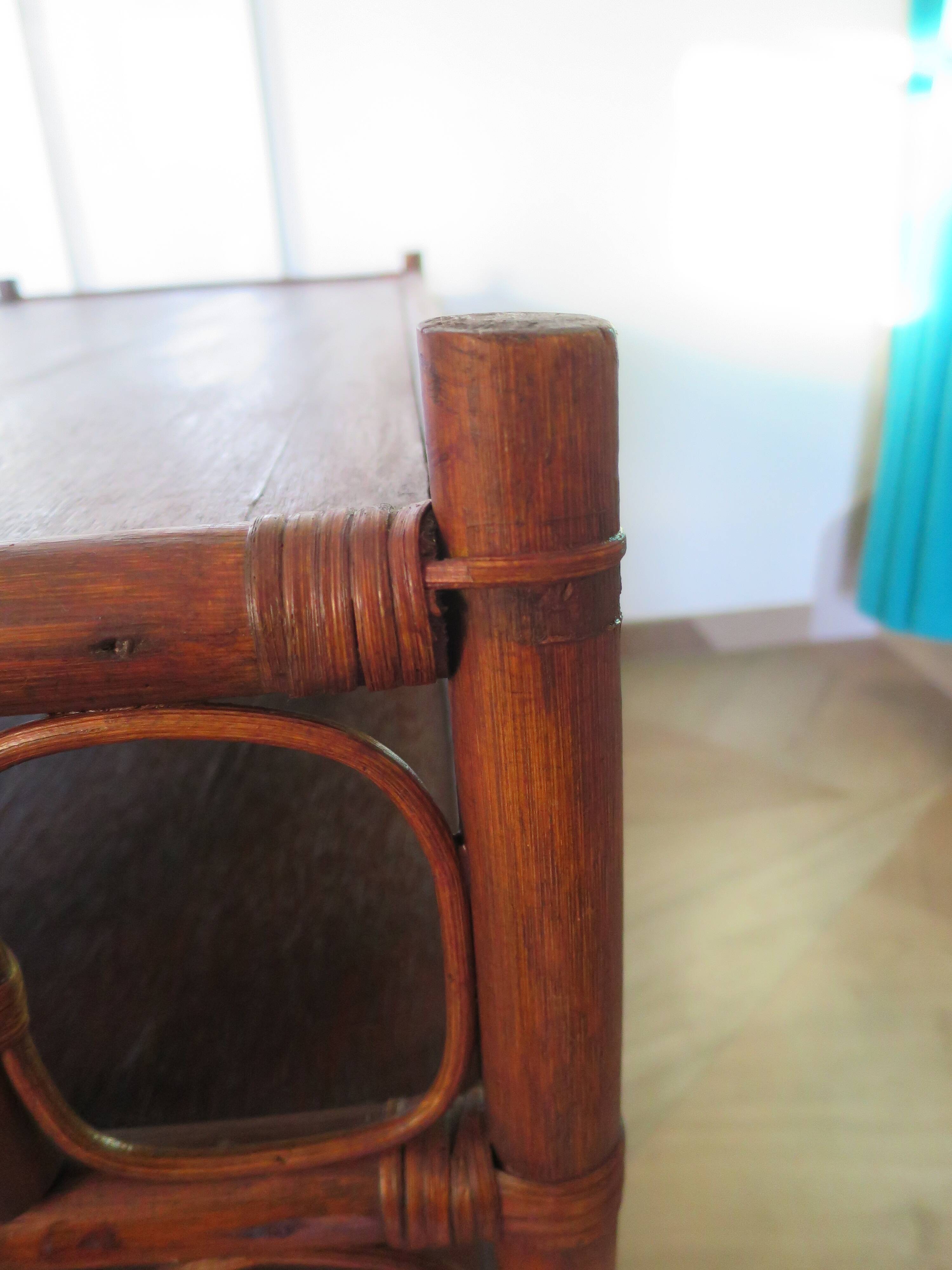 Retro side table - vinyl furniture - rattan and bamboo - 1980s