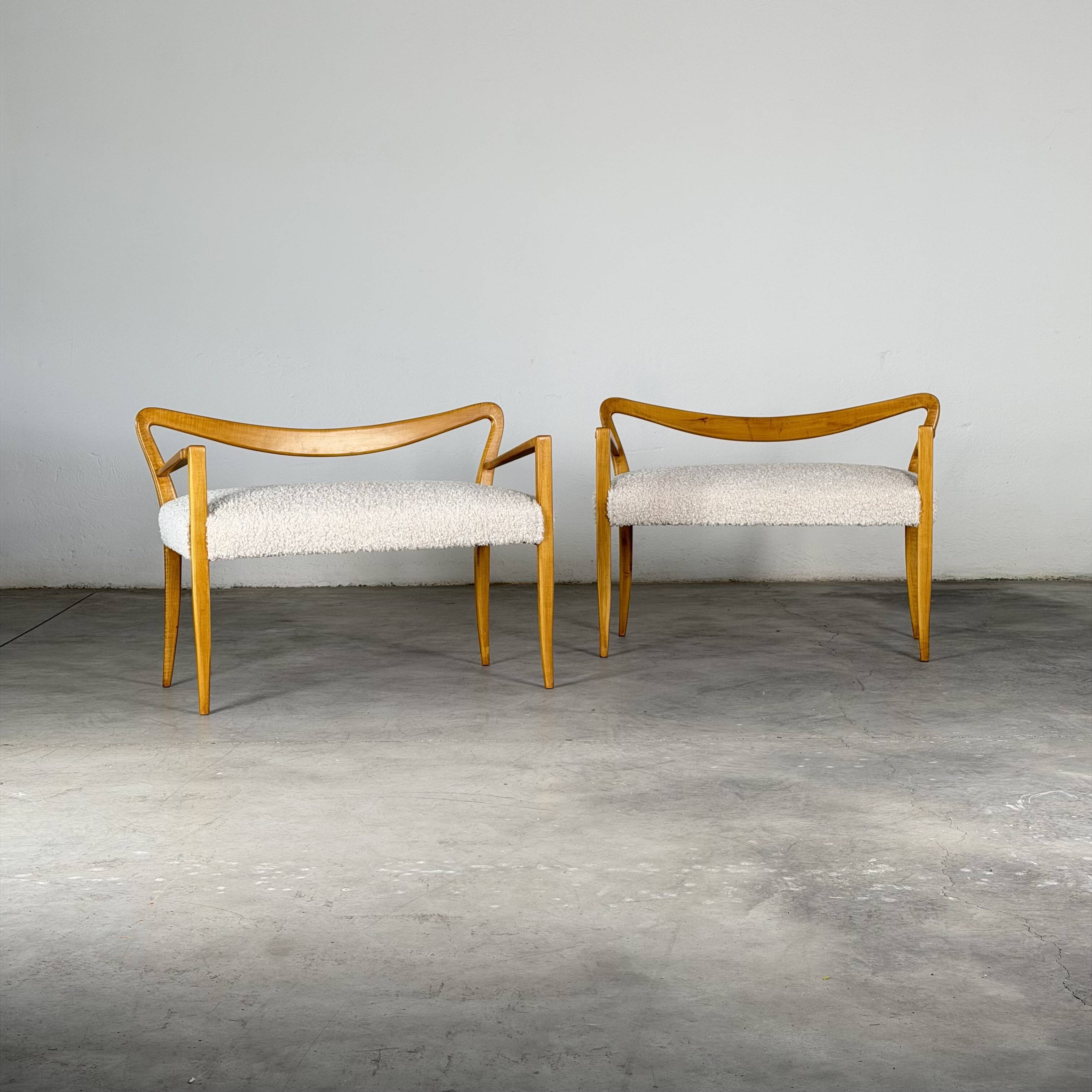 Benches Attributed to Guglielmo Ulrich, Blonde Maple & Bouclé, Italy 1940s