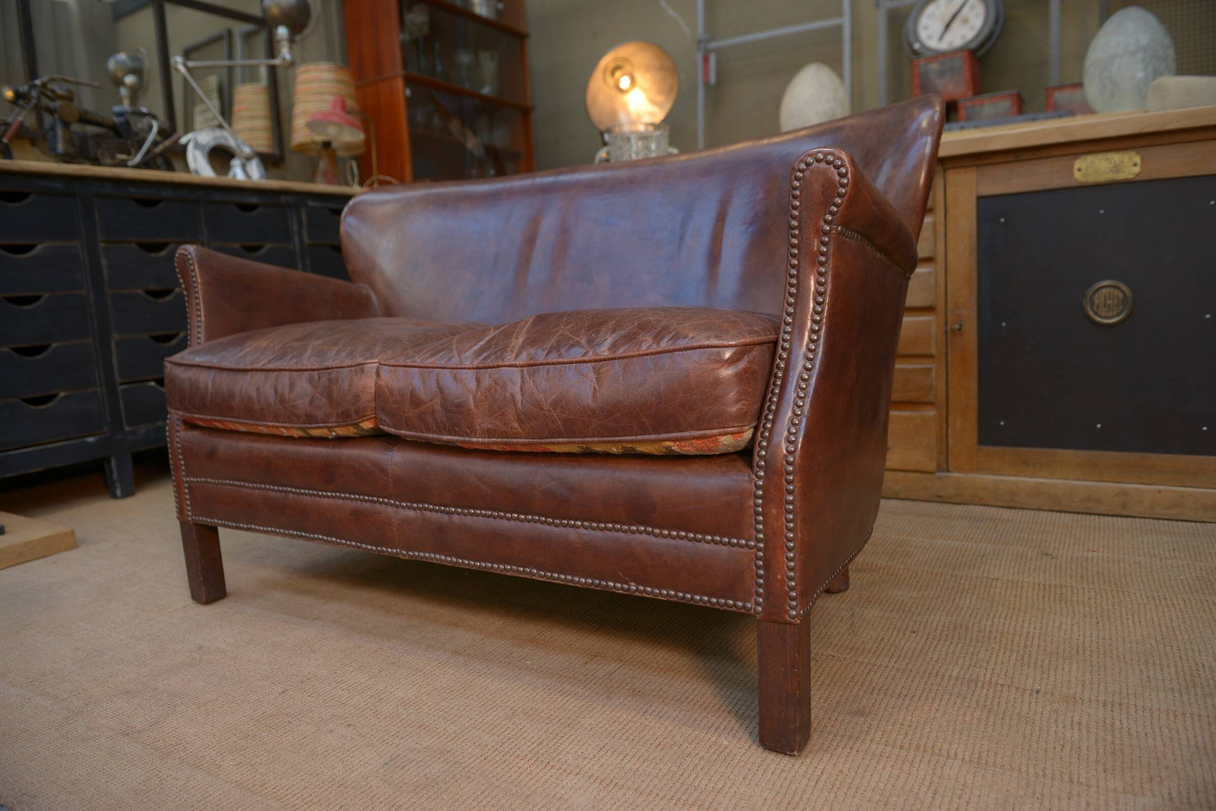 Small Vintage Bench Sofa Studded Leather Sofa 1970s