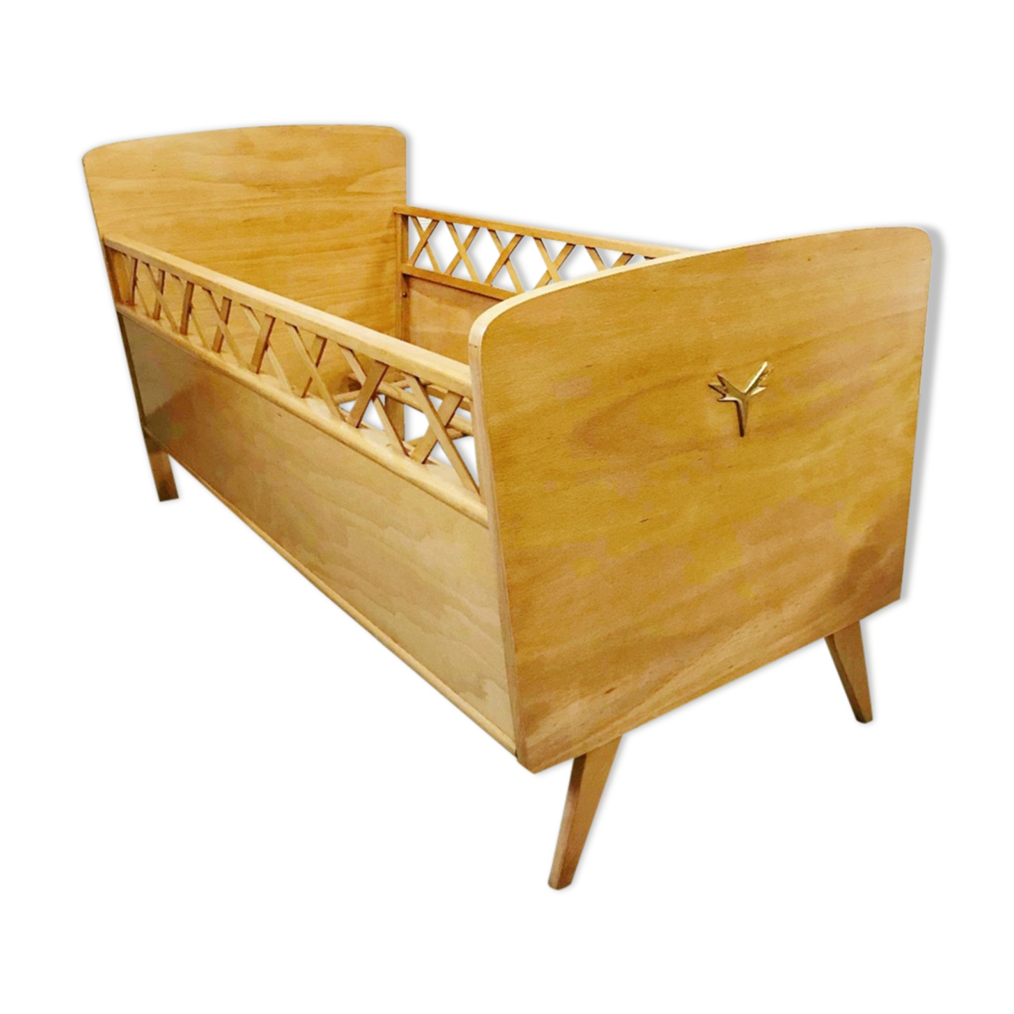Lit Enfant En Bois Vintage Pieds Compas Croisillons Annees 50 60 Selency