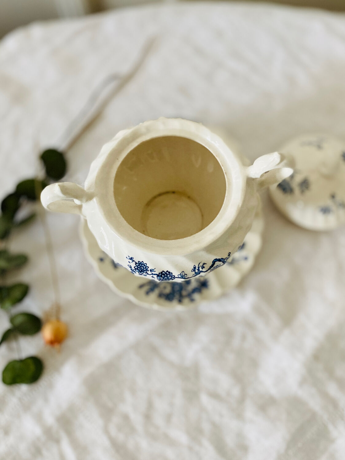 Old English porcelain sugar bowl Myott Staffordshire blue exotic birds decor