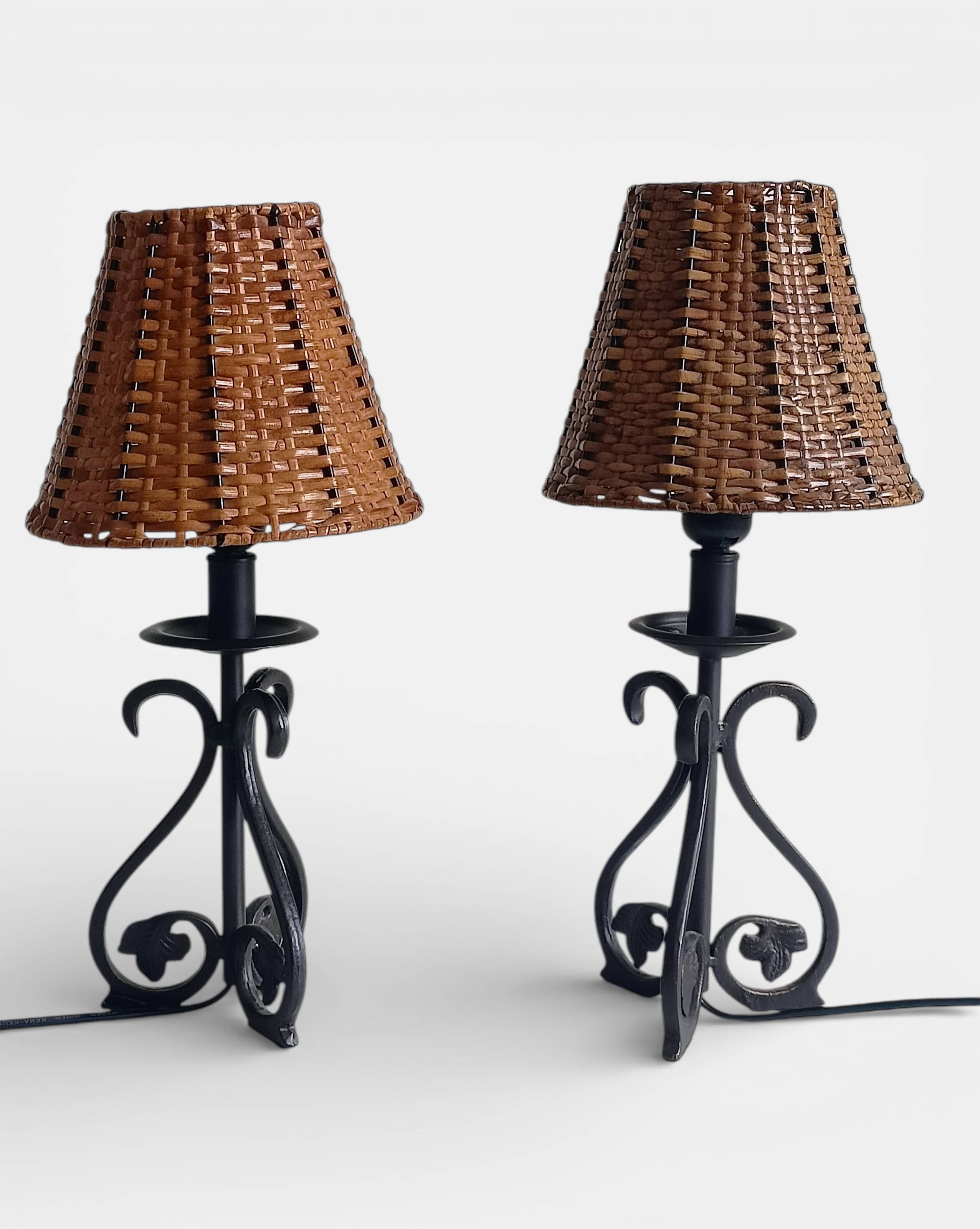 Spanish Hand Forged Wrought Iron Table Lamps with Hand Woven Wicker Shades