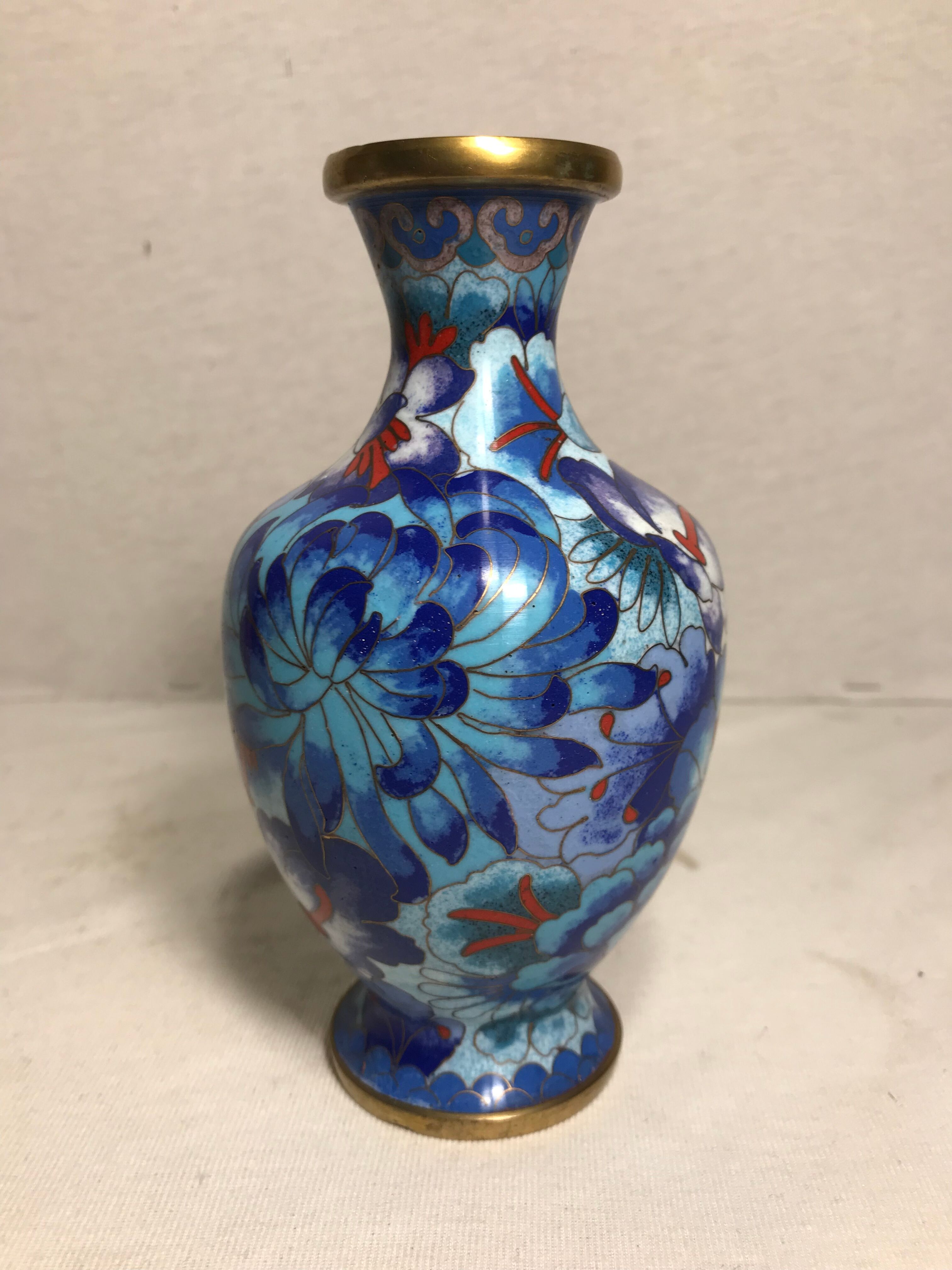 Old brass enameled flowers drawings cloisonné Vase Decoration Vintage