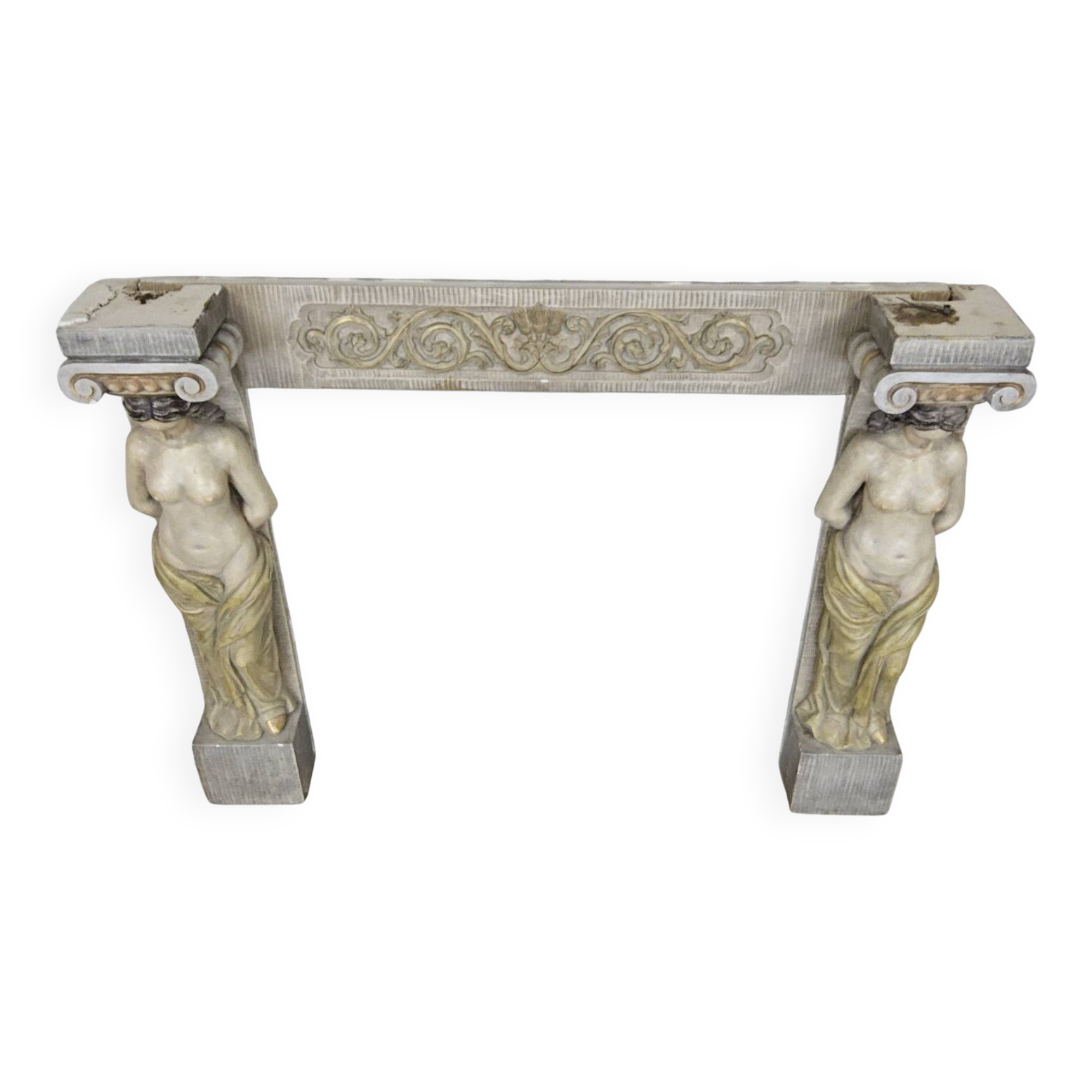 Neoclassical plaster fireplace with caryatids (nude women)