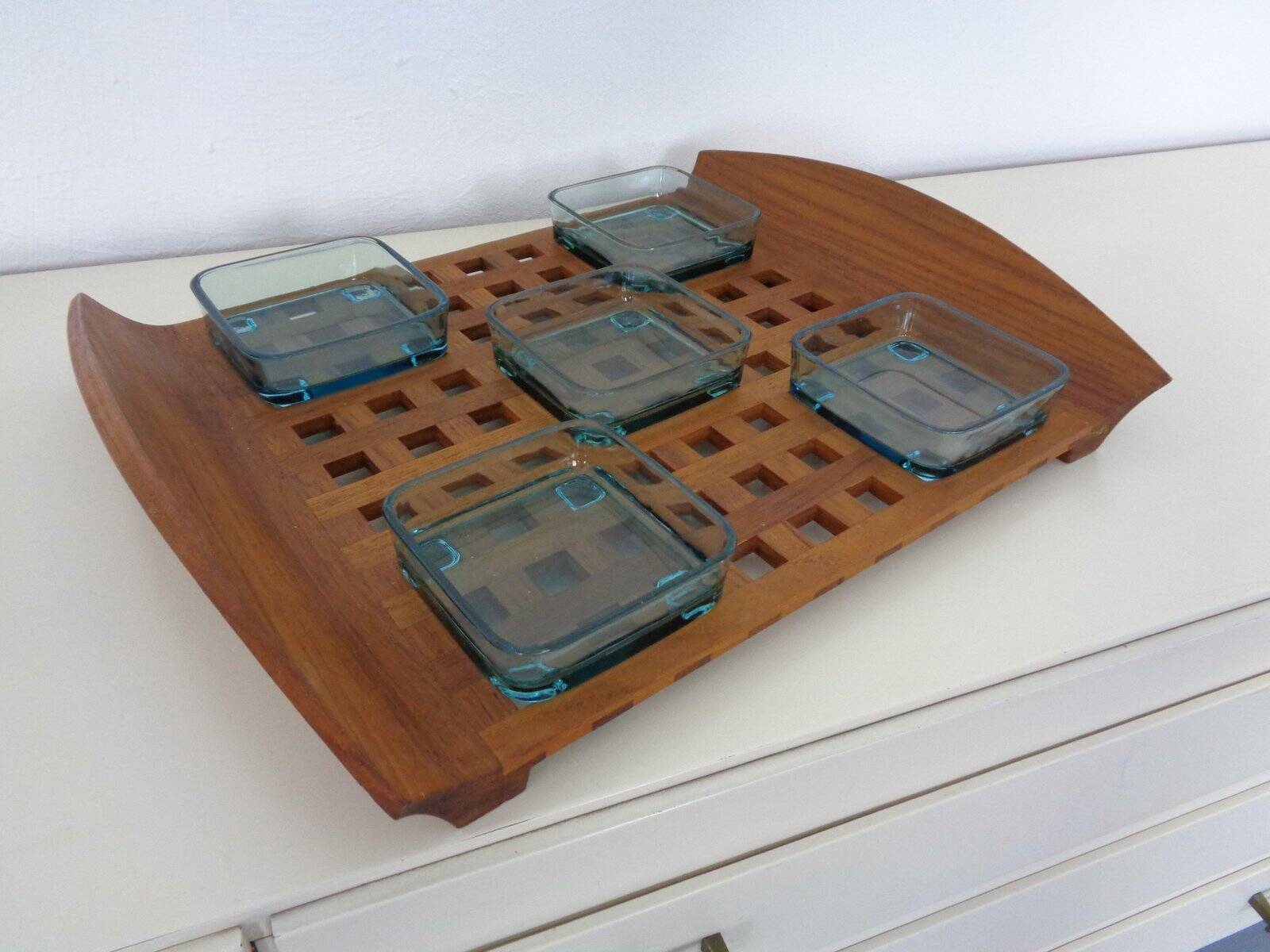 Teak tray with glass bowls by Jens Quistgaard for IHQ Dansk Designs, 1960s, set of 6.
