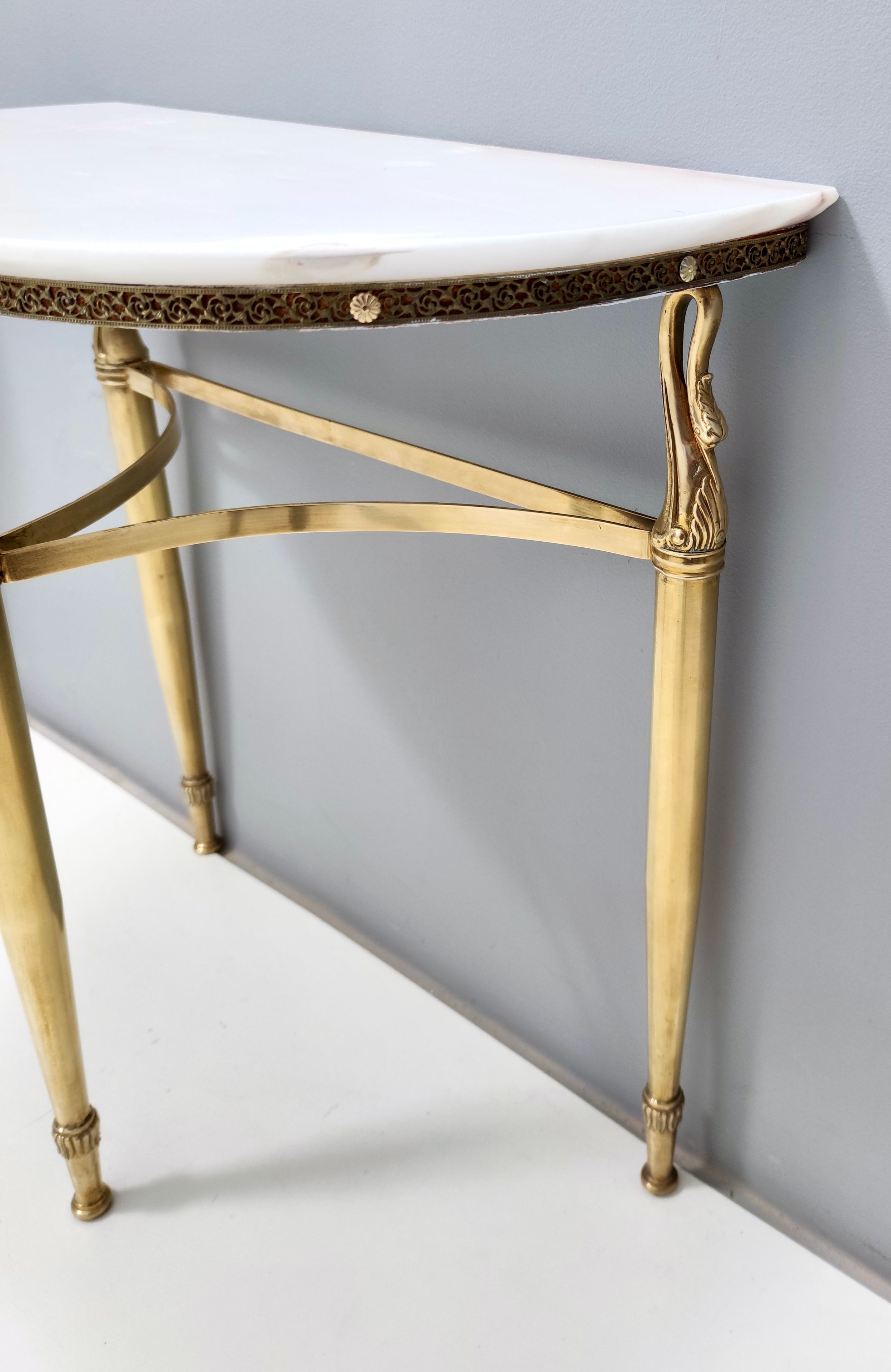 Pair of Nightstands / Console Tables with Marble Tops and Brass Legs, Italy