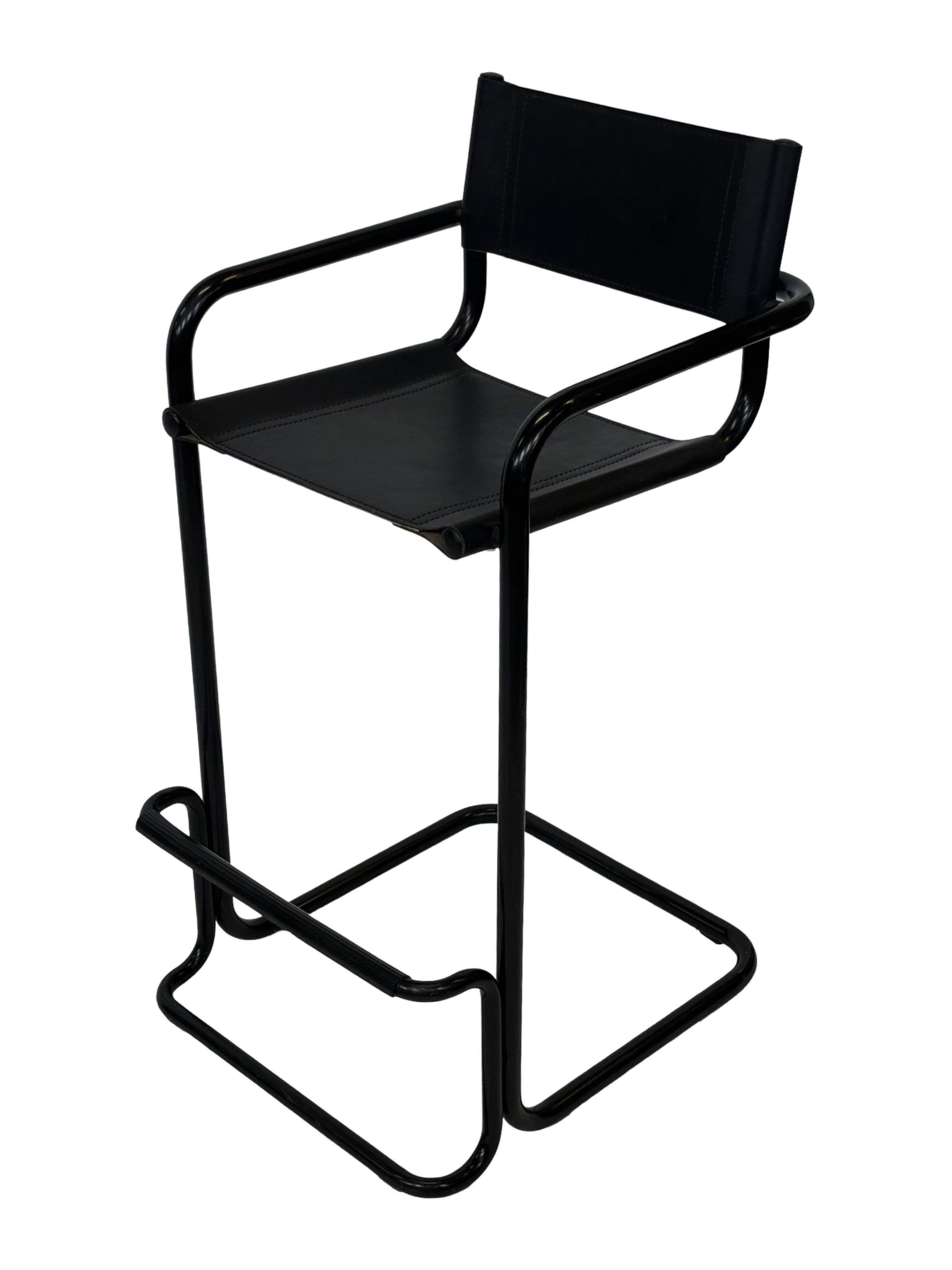 Vintage Black Leather & black frame Italian Modern Barstool