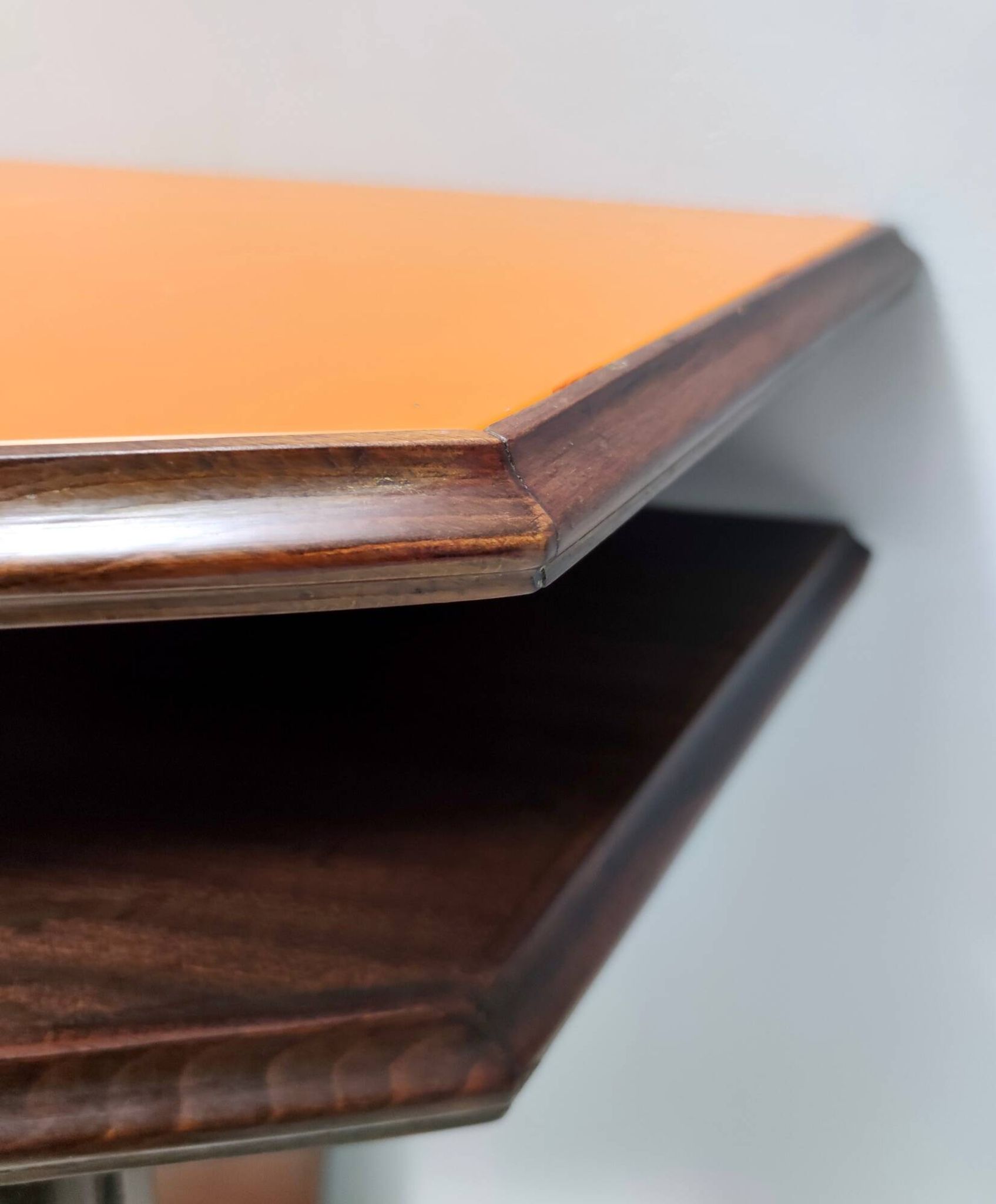 Beech and Walnut Root Console Table with an Orange Glass Top, Italy