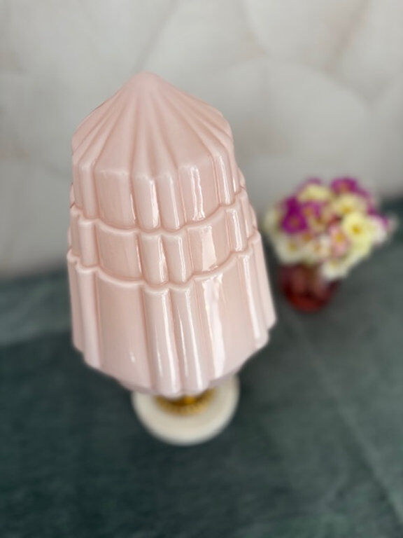 Art Deco lamp with pastel pink opaline globe.