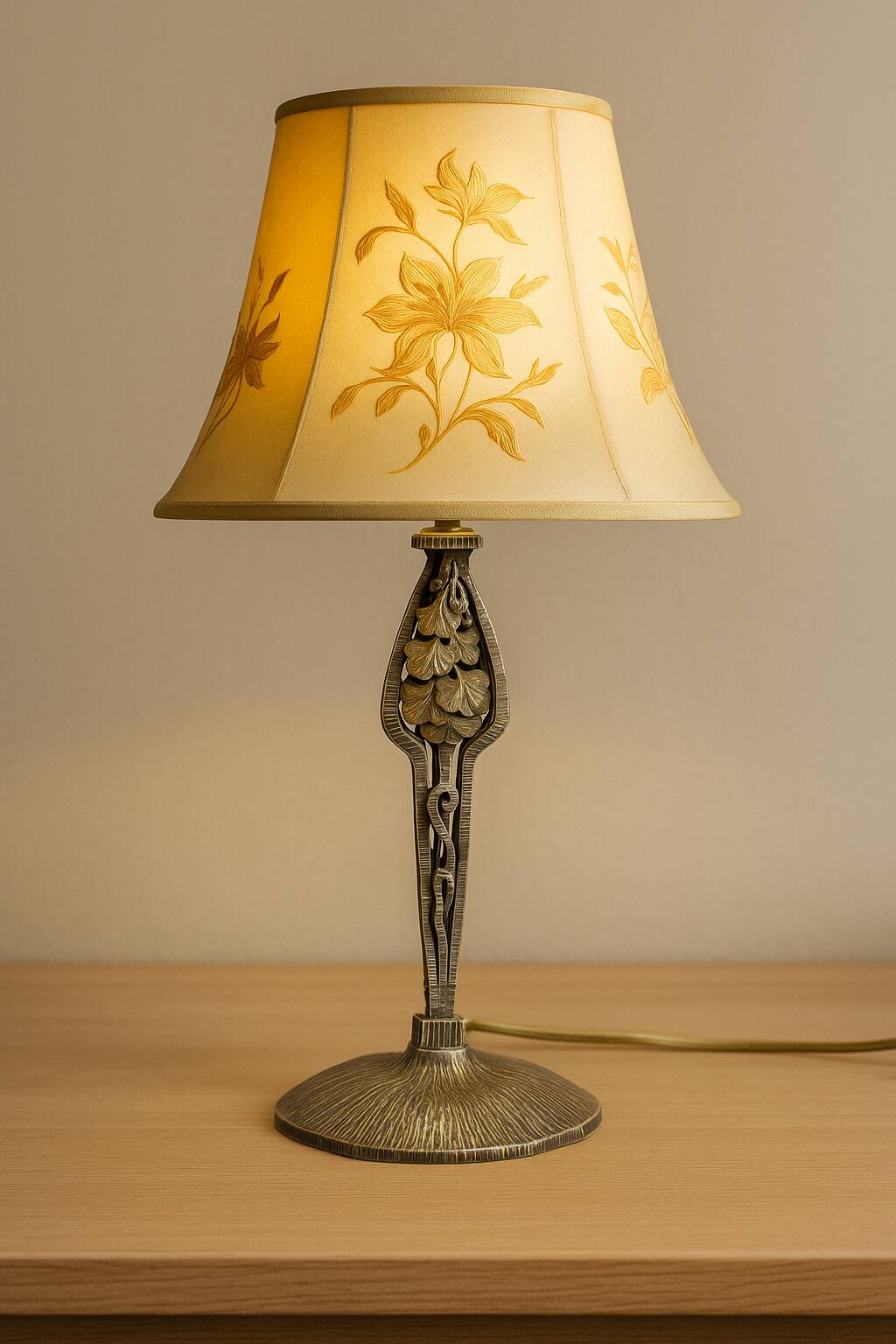 Art Nouveau lamp base – Hammered metal & stylised Ginkgo leaves –