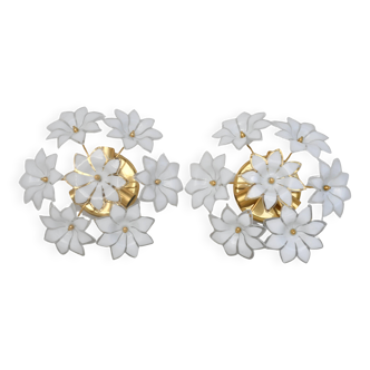 Set of 2 Charming Murano Vintage Ceiling Light White Flowers, 1970s