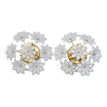 Set of 2 Charming Murano Vintage Ceiling Light White Flowers, 1970s