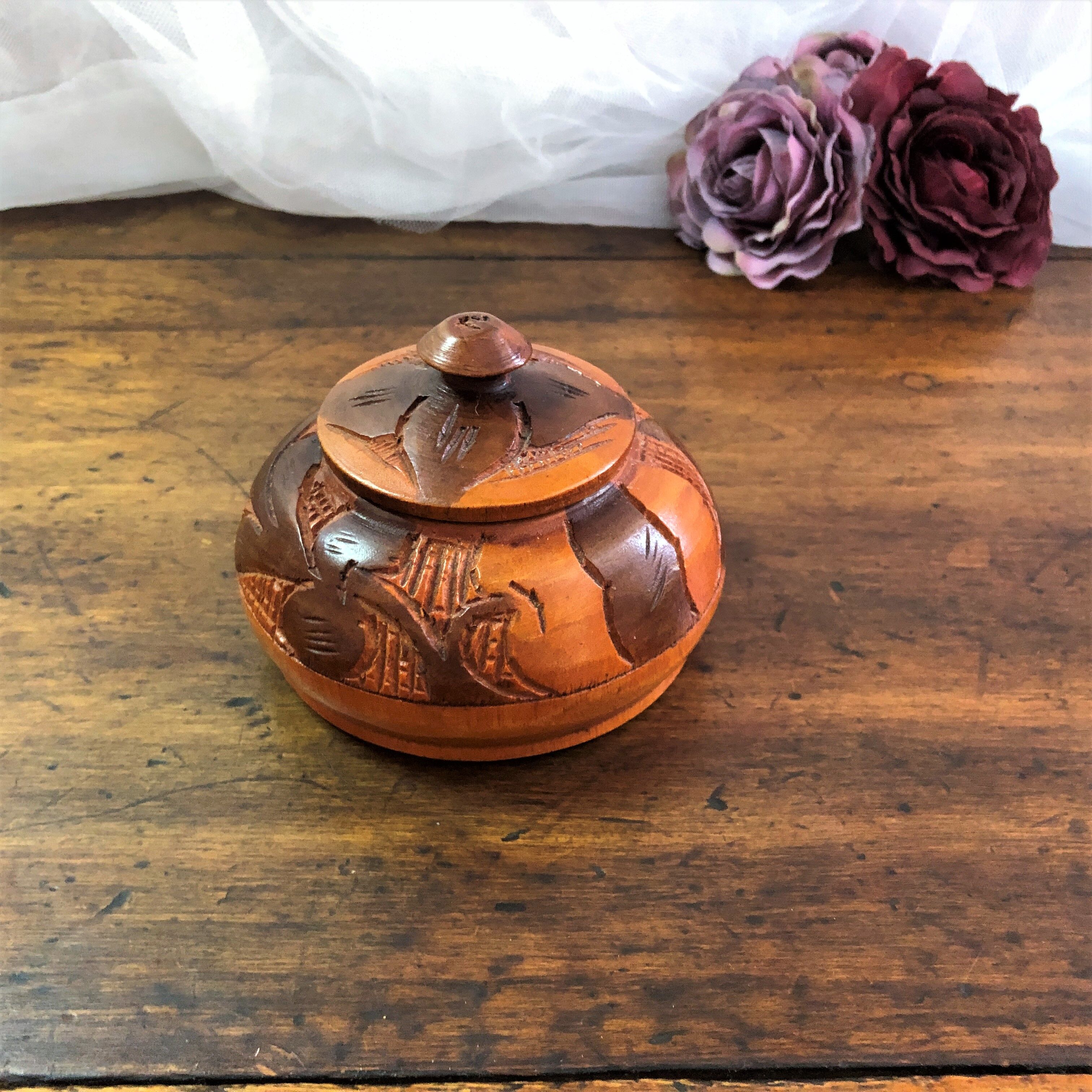Handmade wooden box brown copper polychrome vintage