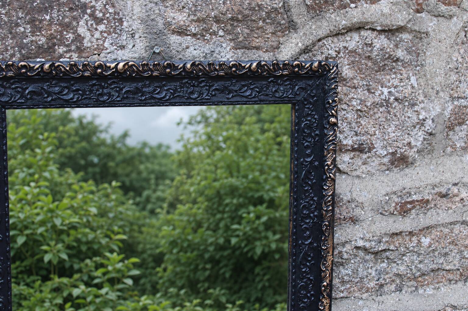 Vintage wooden and stucco mirror in patinated midnight blue with gold – baroque style – 51 ×