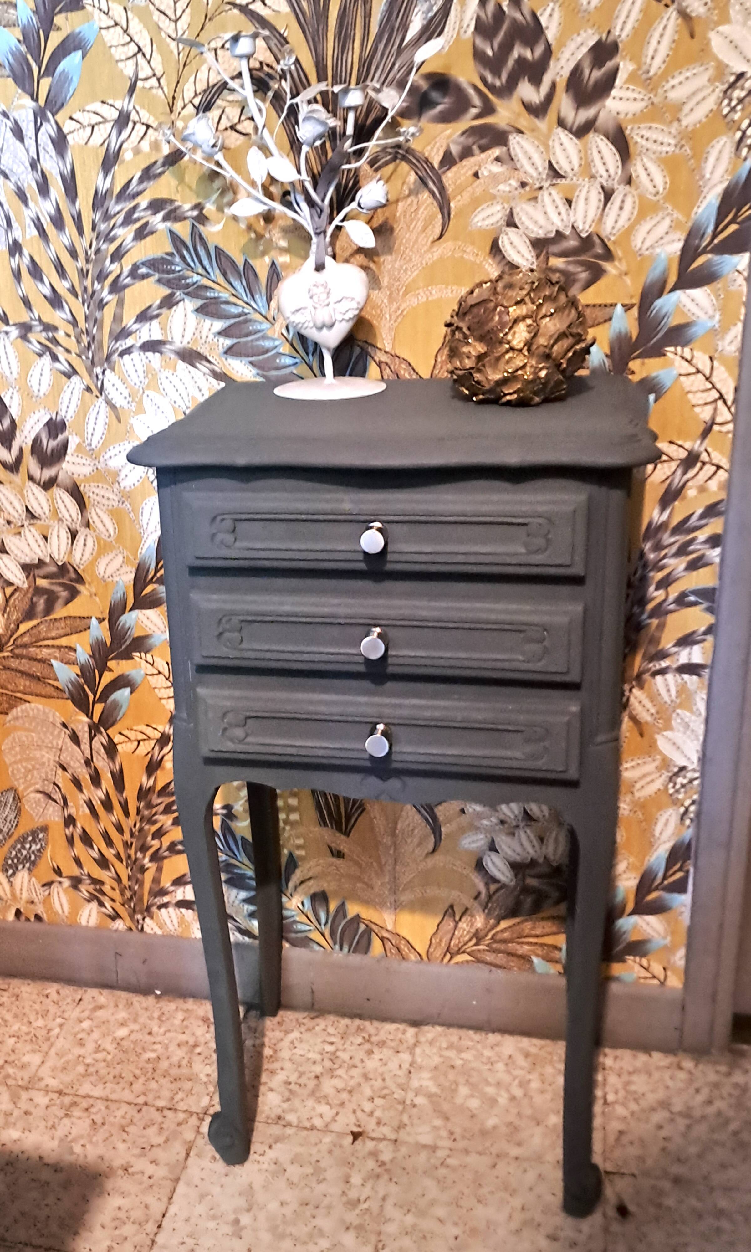 1950 bedside table in painted wood, trench grey color, renovated, 3 drawers