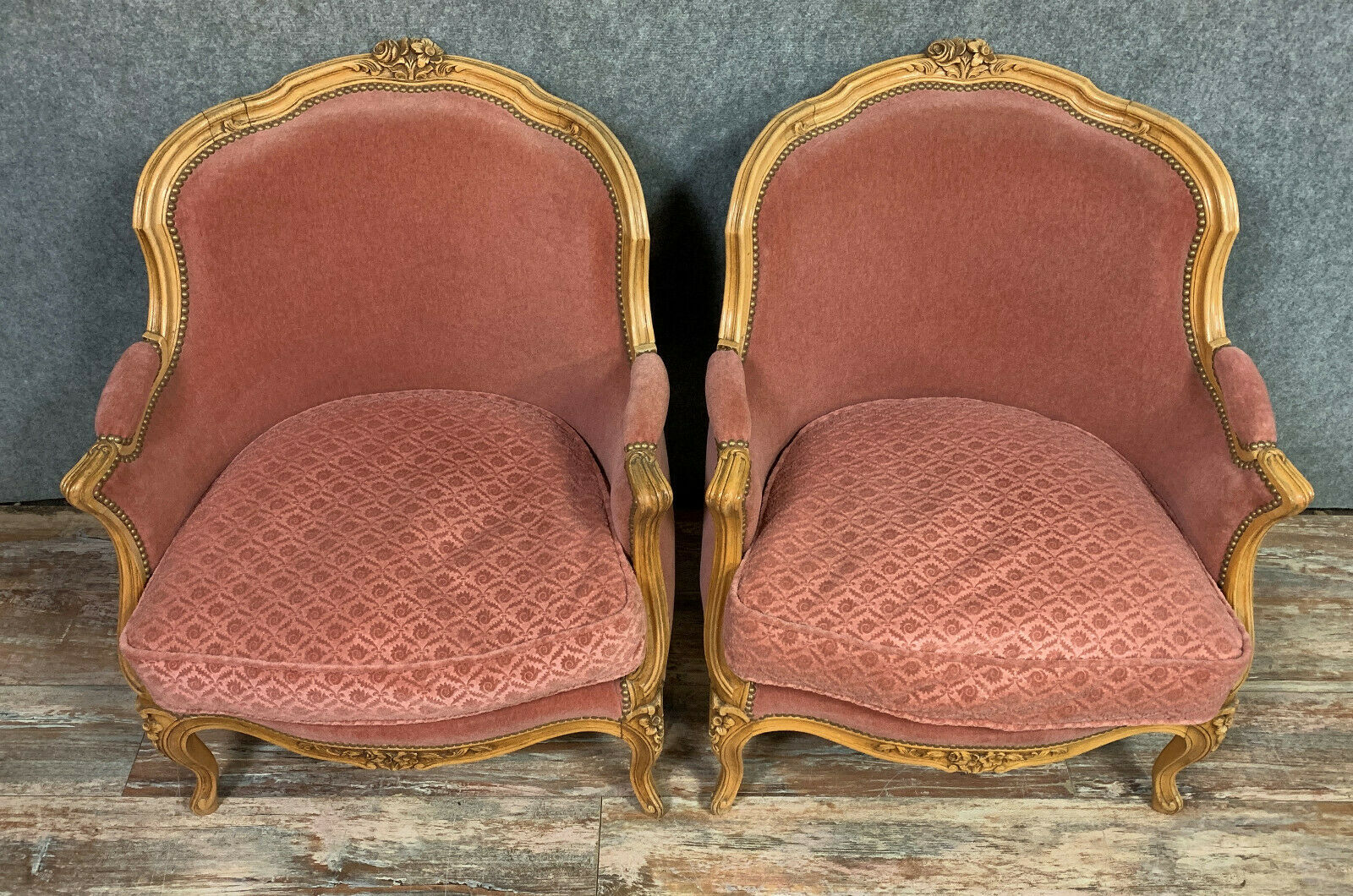 Pair of Louis XV armchairs in light wood around 1900