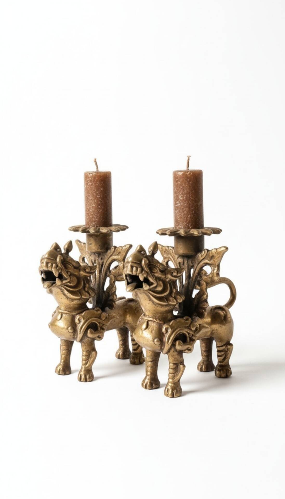 Pair of vintage brass candlesticks, Foo Dogs / Guardian Lions
