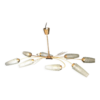 Ceiling lamp 8 tulips 1950 golden metal molded glass