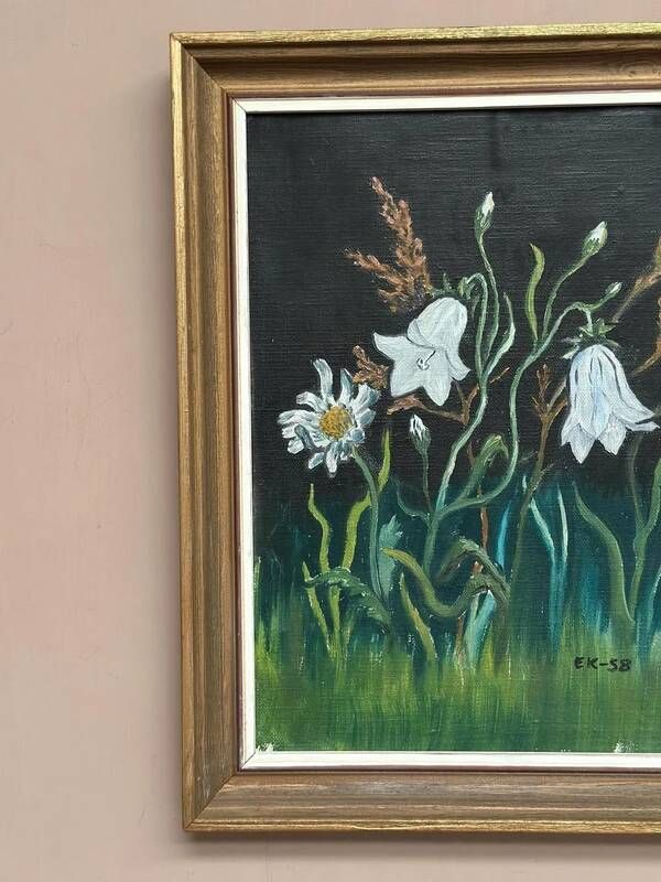 Swedish oil on panel “White Lilies and Flowers” by EK, vintage & framed 28×35cm