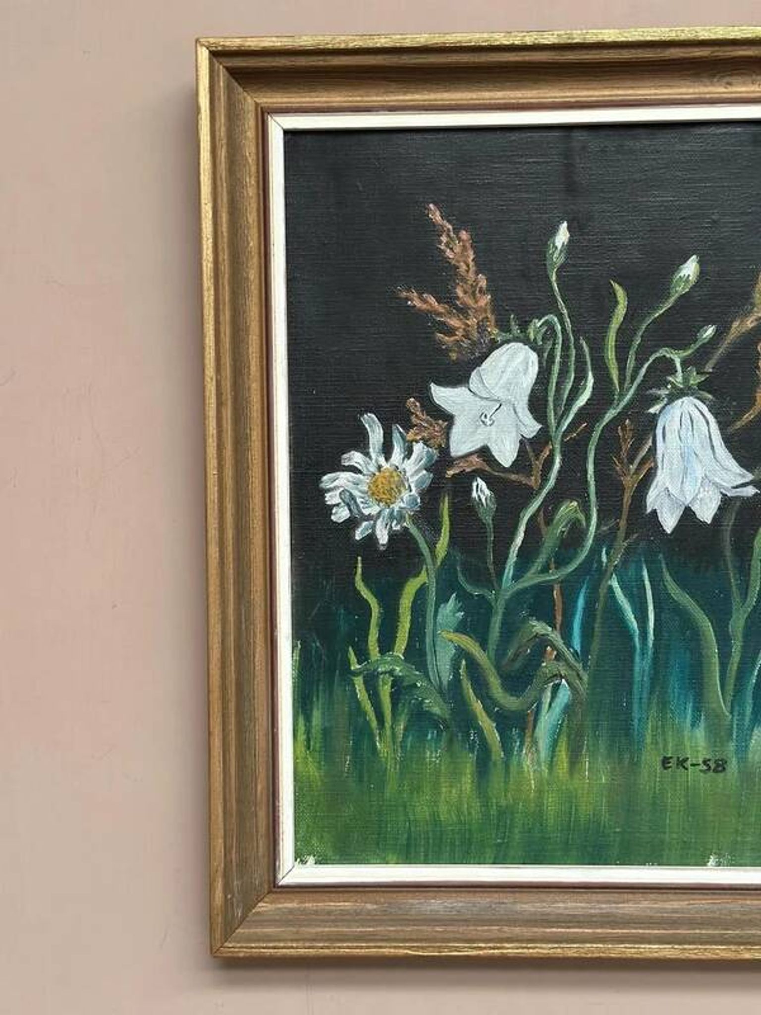 Swedish oil on panel “White Lilies and Flowers” by EK, vintage & framed 28×35cm