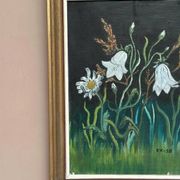 Swedish oil on panel “White Lilies and Flowers” by EK, vintage & framed 28×35cm
