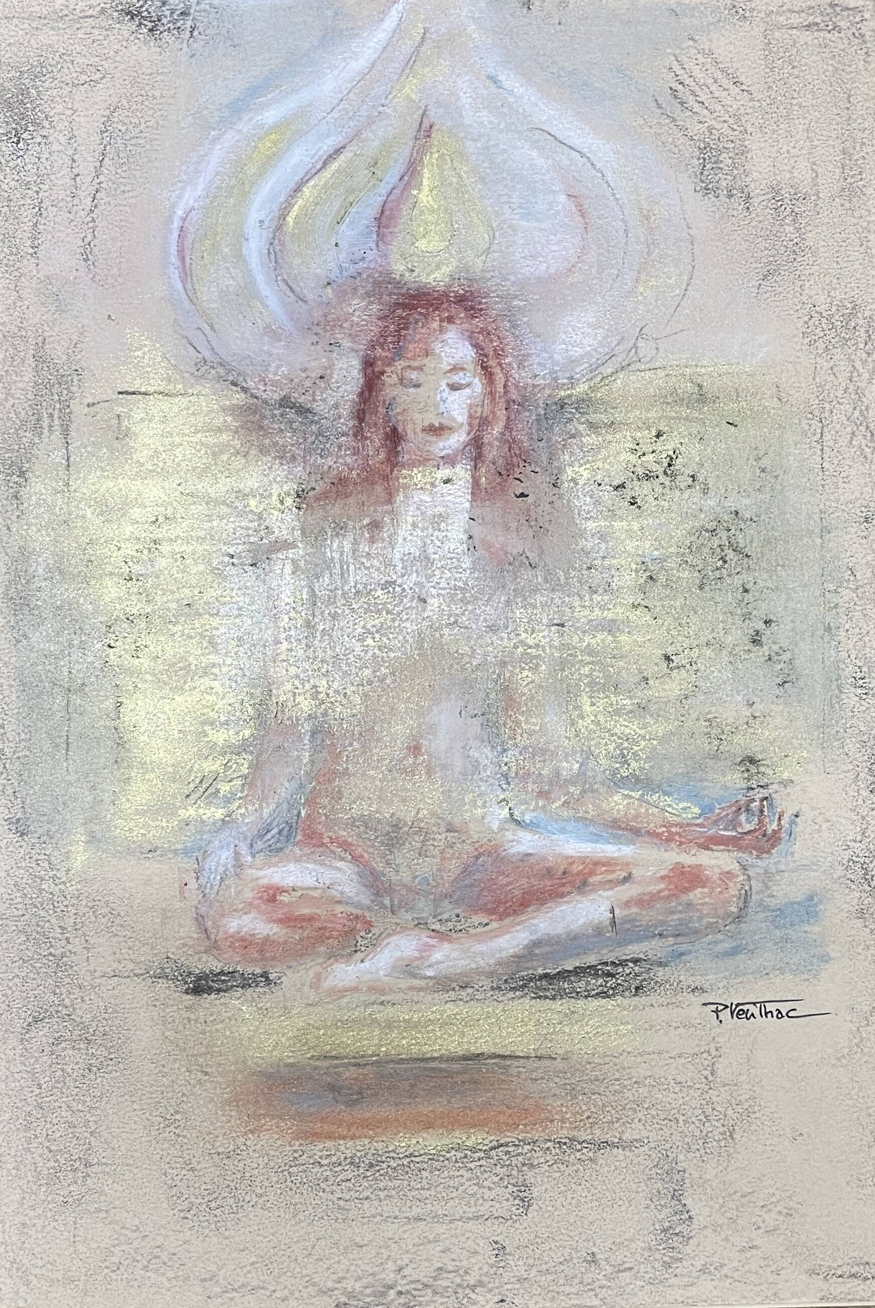 Painting signed pastel gold “Buddha woman” ZEN