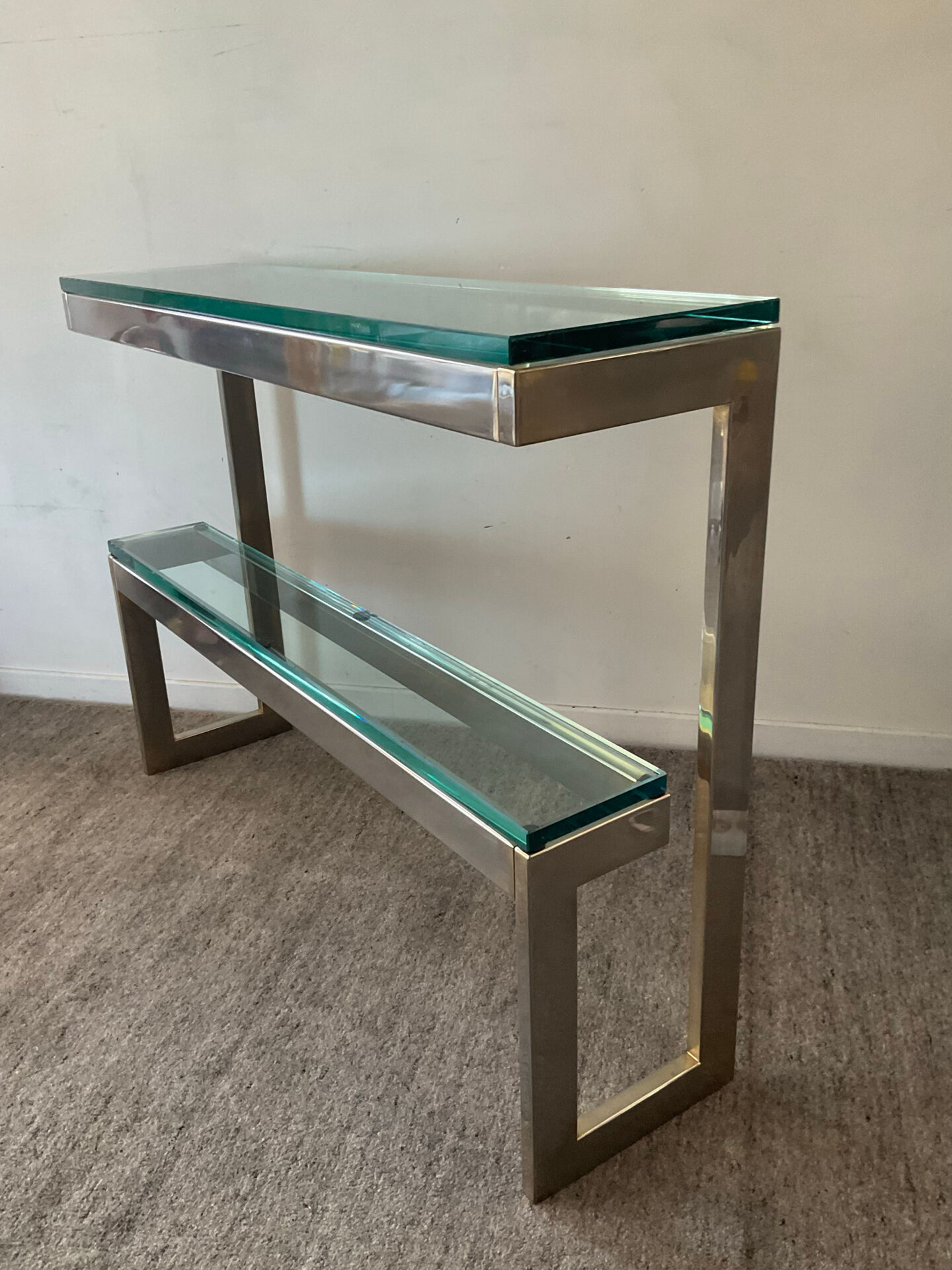 Console "G" by Belgochrom in brass and glass from the 1970s.