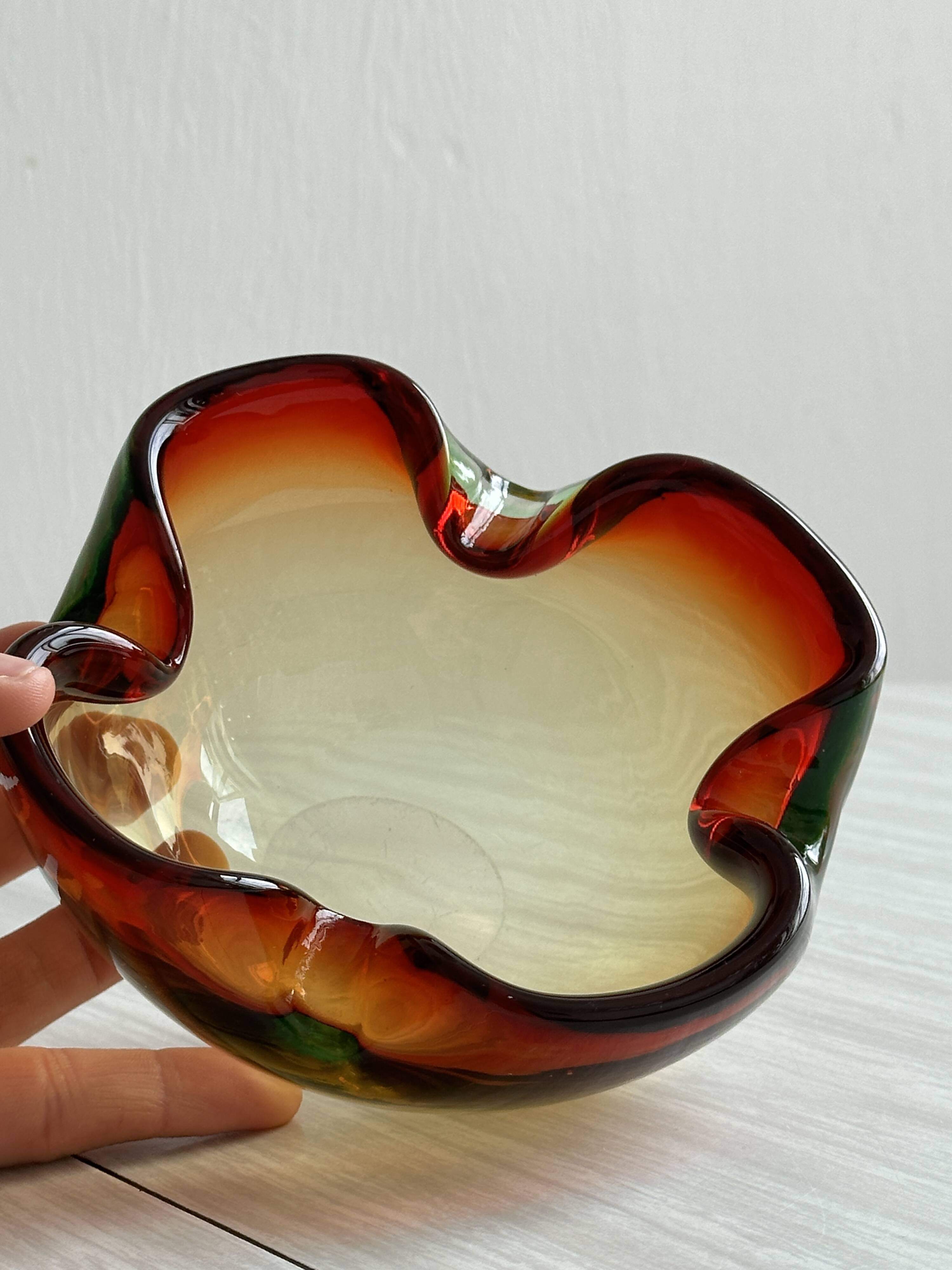 Murano style blown glass cup, multi-colored red gradient ashtray