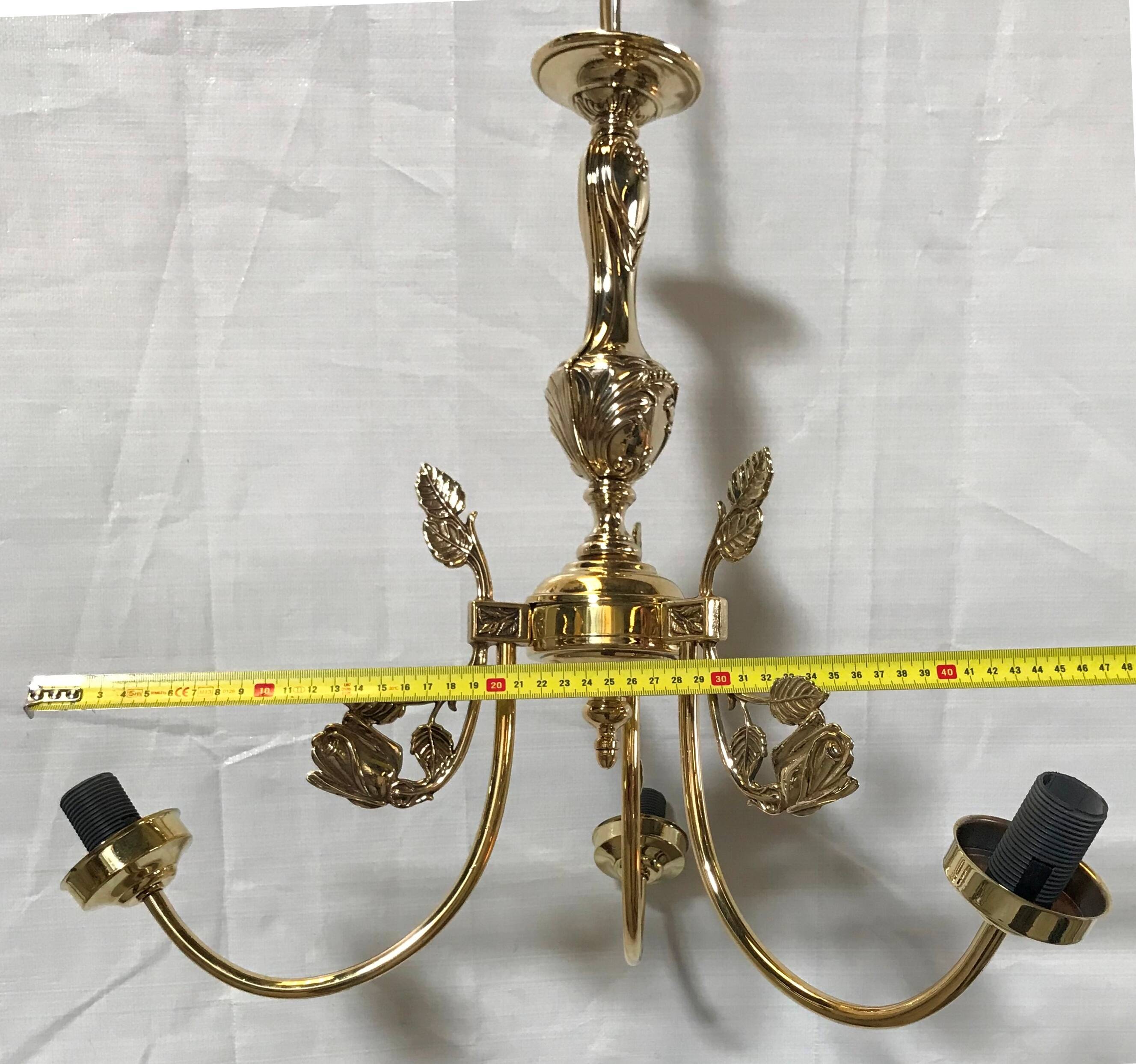 Polished Solid Brass Pendant Chandelier with Three Arms