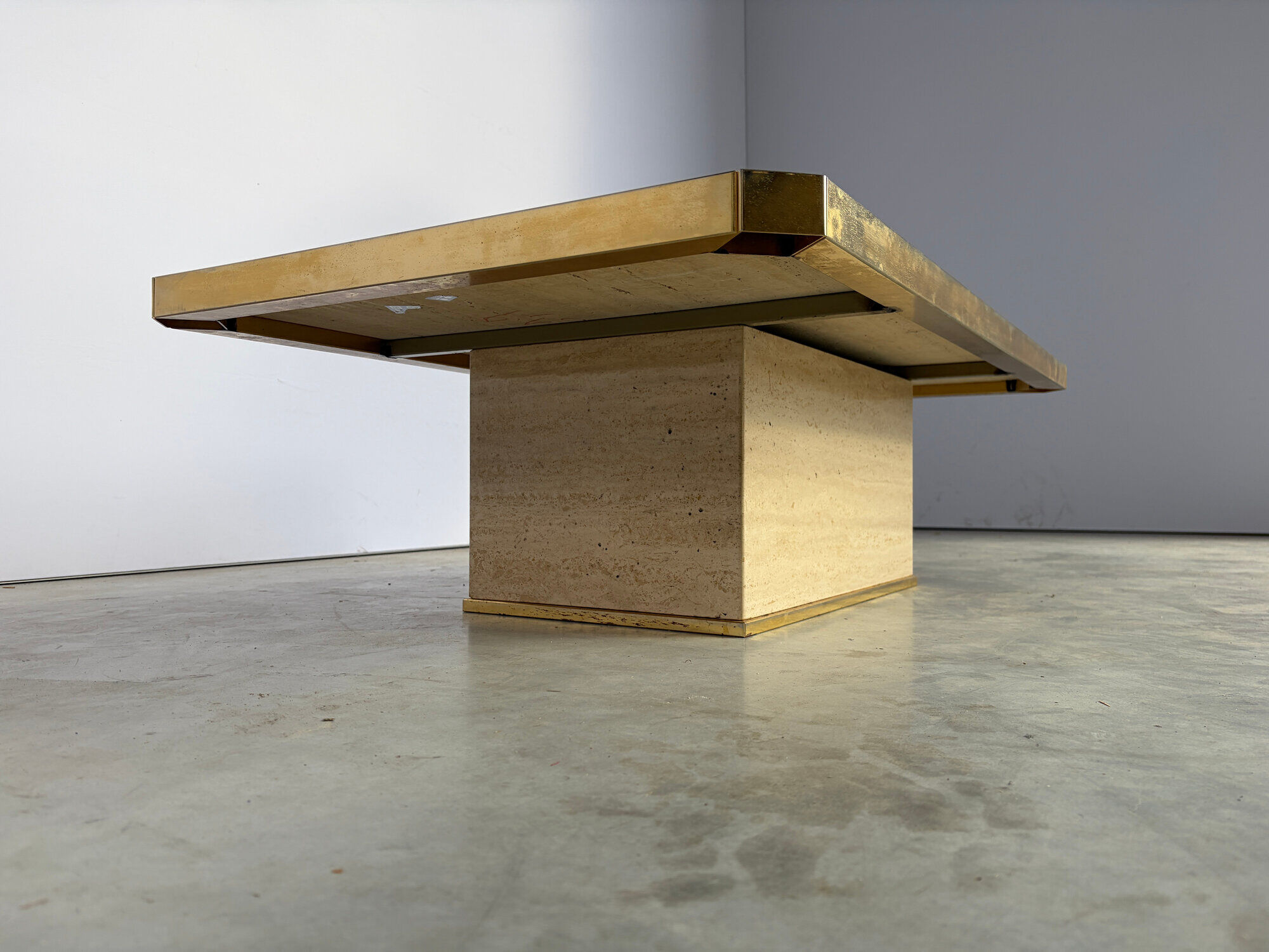Vintage travertine and brass coffee table, 1970s