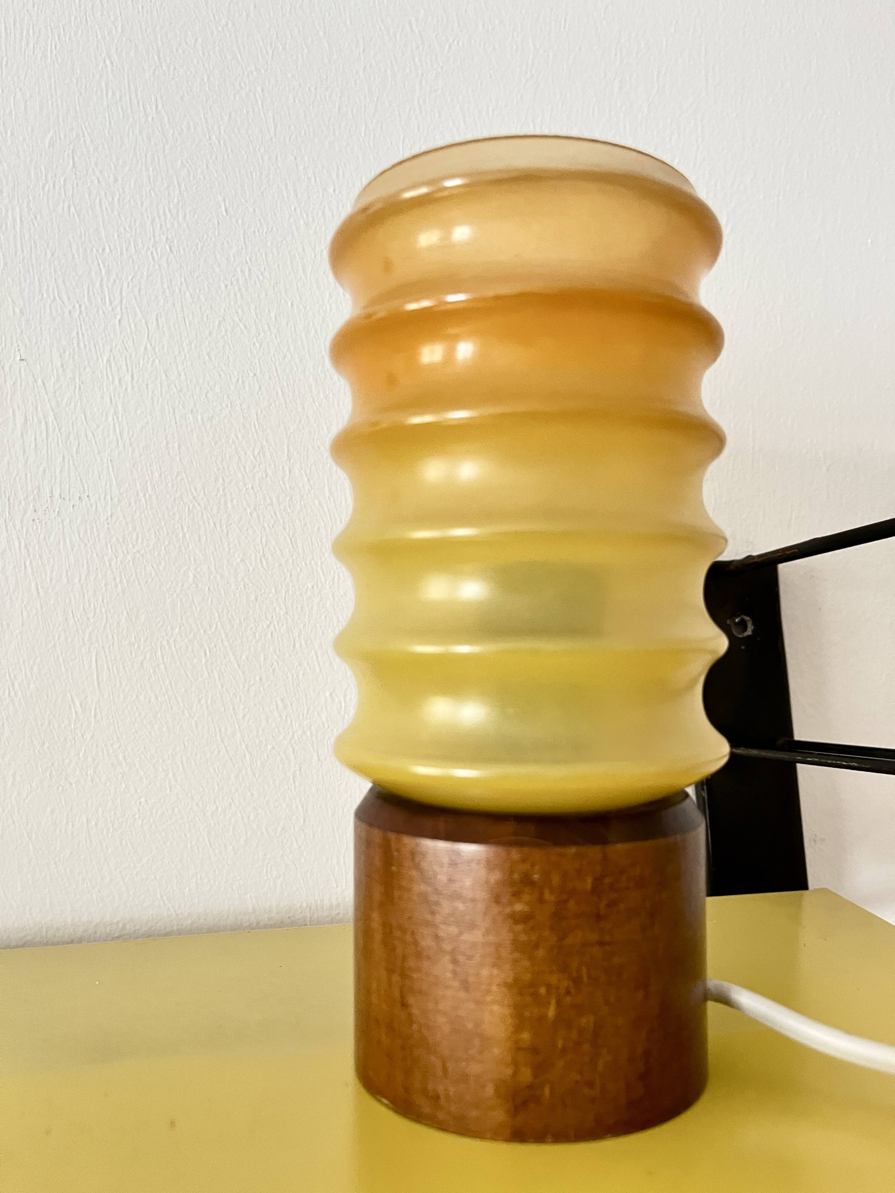 Vintage Bedside Lamp Wood Base & Yellow Orange Glass, VEB Lighting, GDR