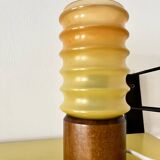 Vintage Bedside Lamp Wood Base & Yellow Orange Glass, VEB Lighting, GDR