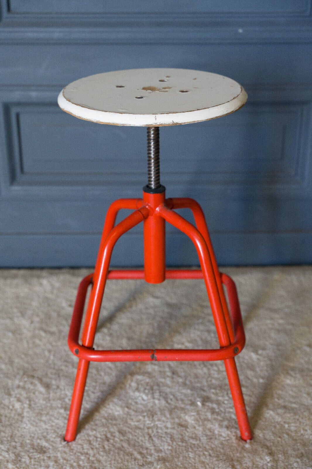 Screw stool red ironwork 1960 wooden seat
