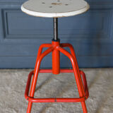 Screw stool red ironwork 1960 wooden seat