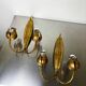 Pair of Spanish foliage wall sconces, leaf arms & bud shades, gilt iron, 1960s
