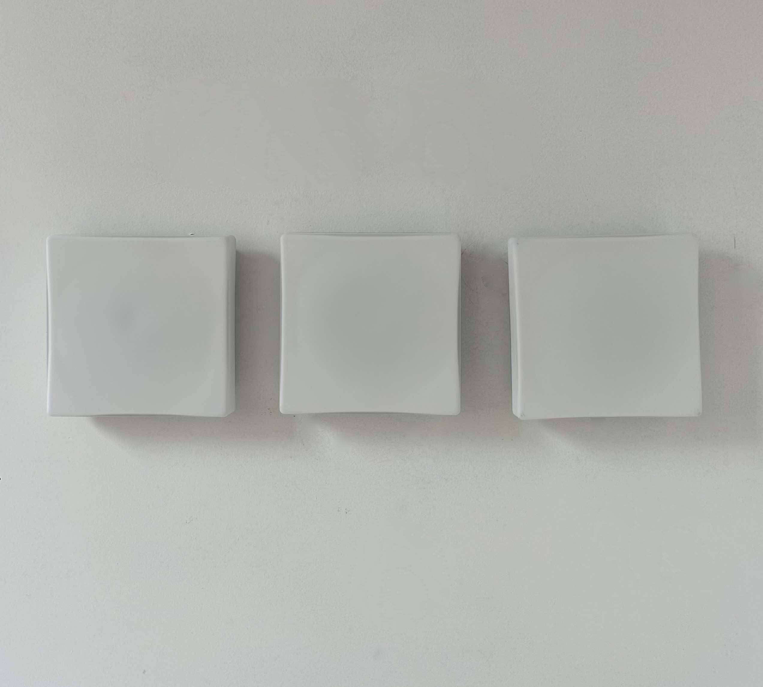 Set of 3 vintage square opaline wall lights, France 1970