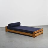 Wooden bench with midnight blue fabric, France, circa 1955