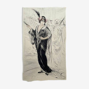 Tableau gravure couleur "l'élégante" par Alméry Lobel-riche 1880-1950