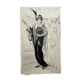 Tableau gravure couleur "l'élégante" par Alméry Lobel-riche 1880-1950