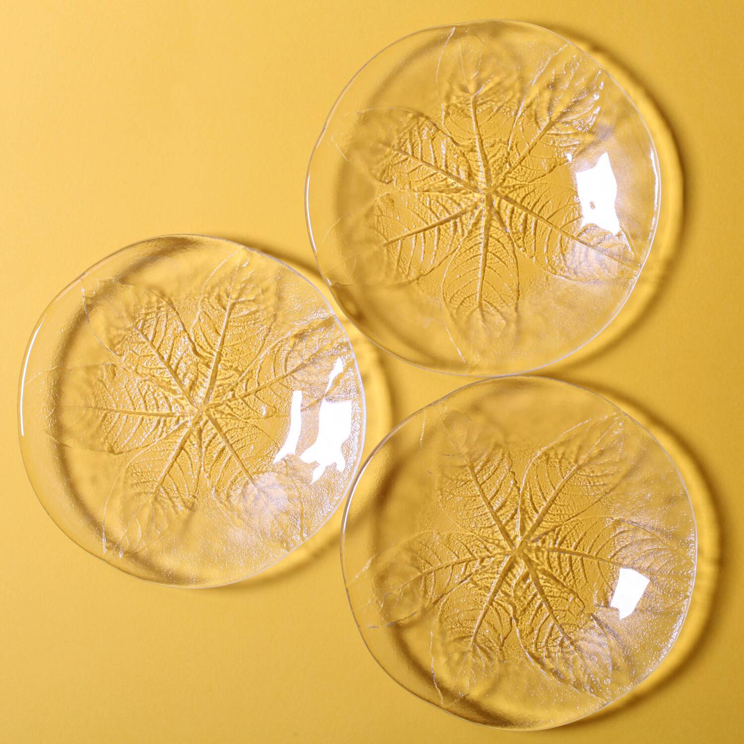 Set of 3 Vintage Kosta Boda Glass Dessert Plates / Scandinavian Leaf Design