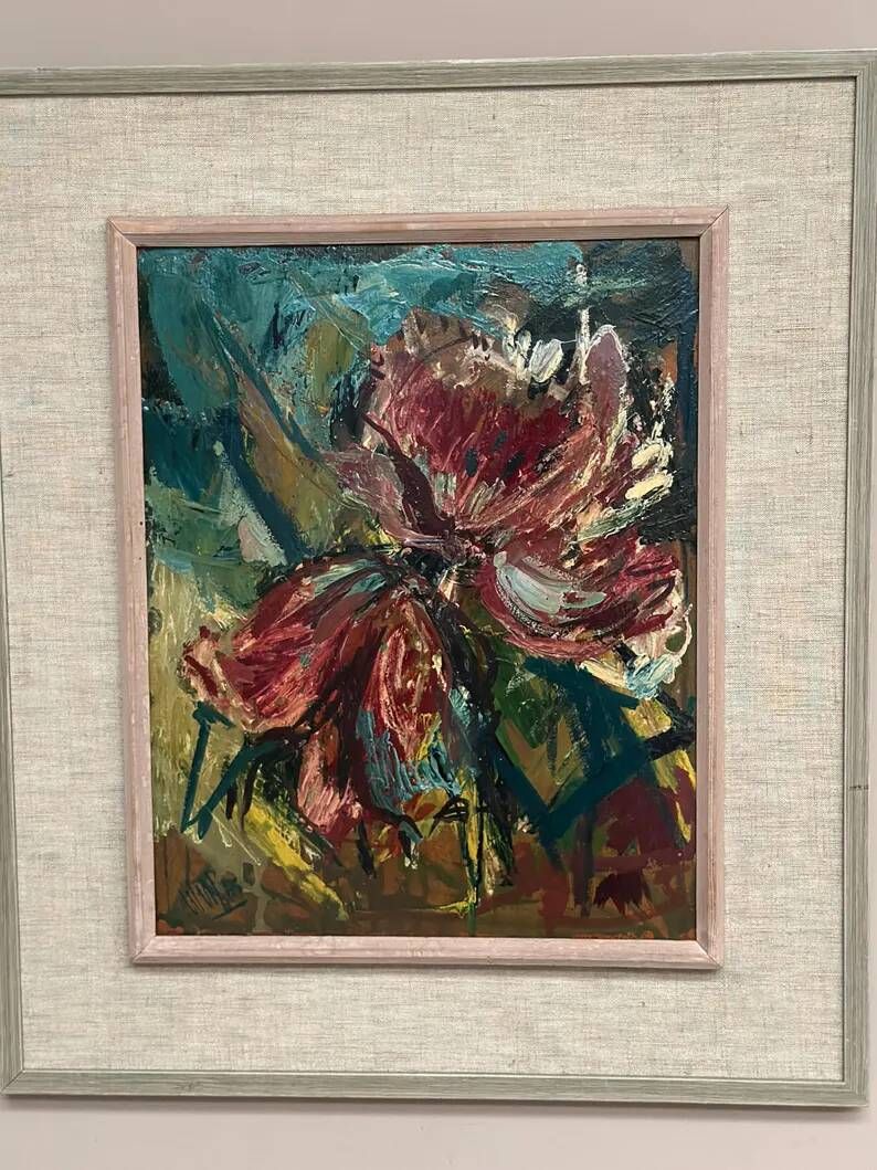 Original Swedish Oil on Panel – "Pink Flower" by Owe Wessbohn – Signed – Vintage and Framed – 69 × 51 cm (27.2" × 20.1")