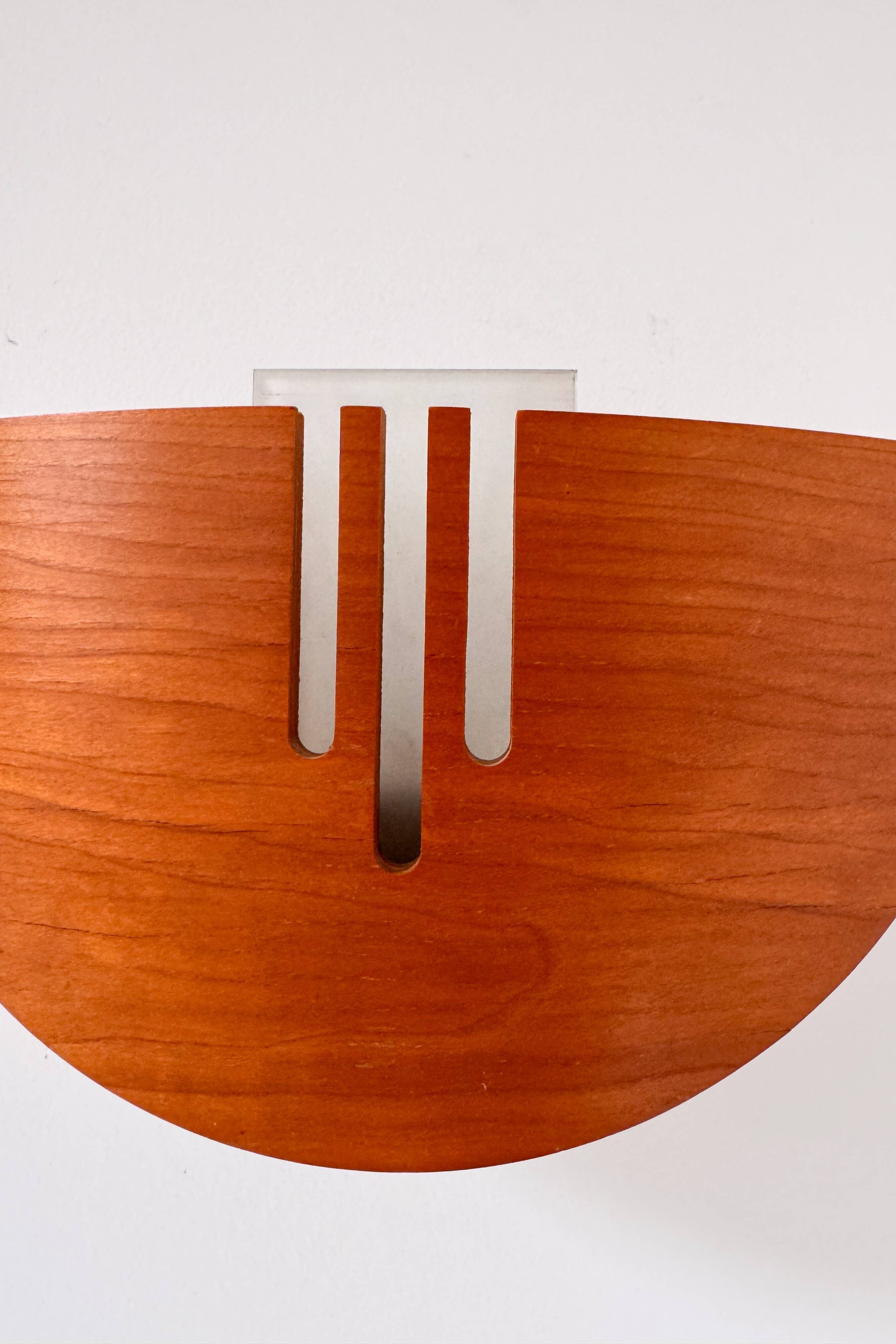 Pair of vintage wall lights in wood and glass, France 1970.