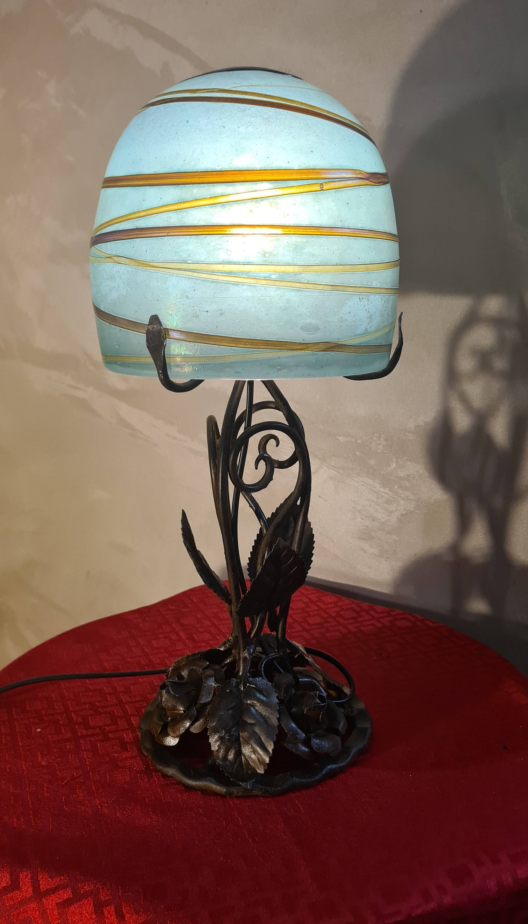 superb thick wrought iron Art Nouveau lamp, Kralik Loetz glass paste,