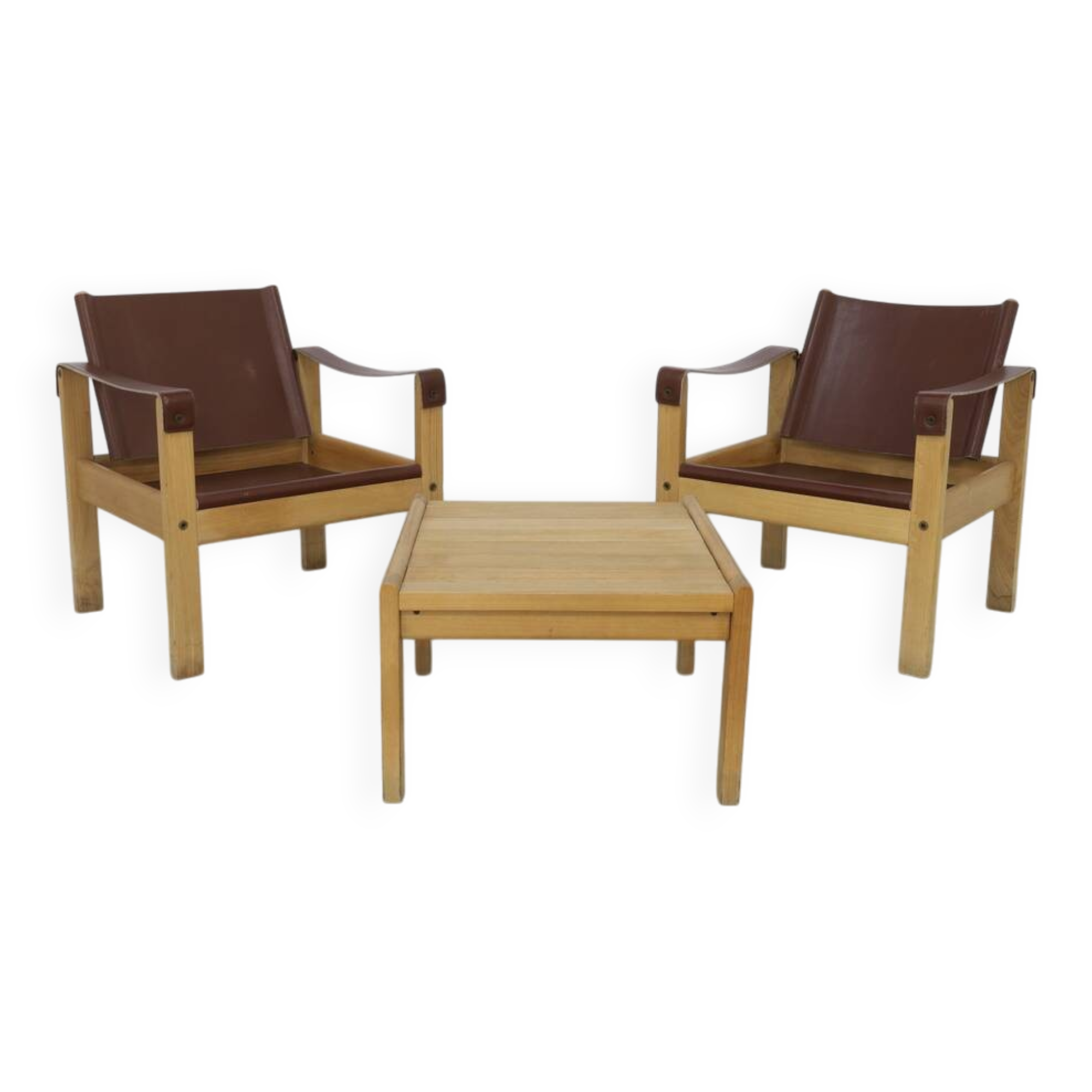Safari Easy Chairs in Leather + Coffee Table by Carl Heinz Bergmiller, 1970