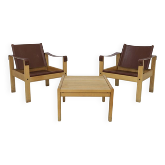Safari Easy Chairs in Leather + Coffee Table by Carl Heinz Bergmiller, 1970