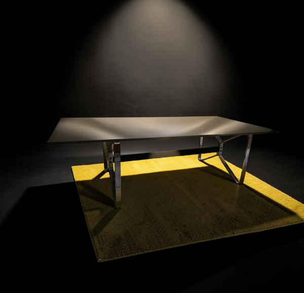 Table design verre fumé & chrome – Style italien années 70