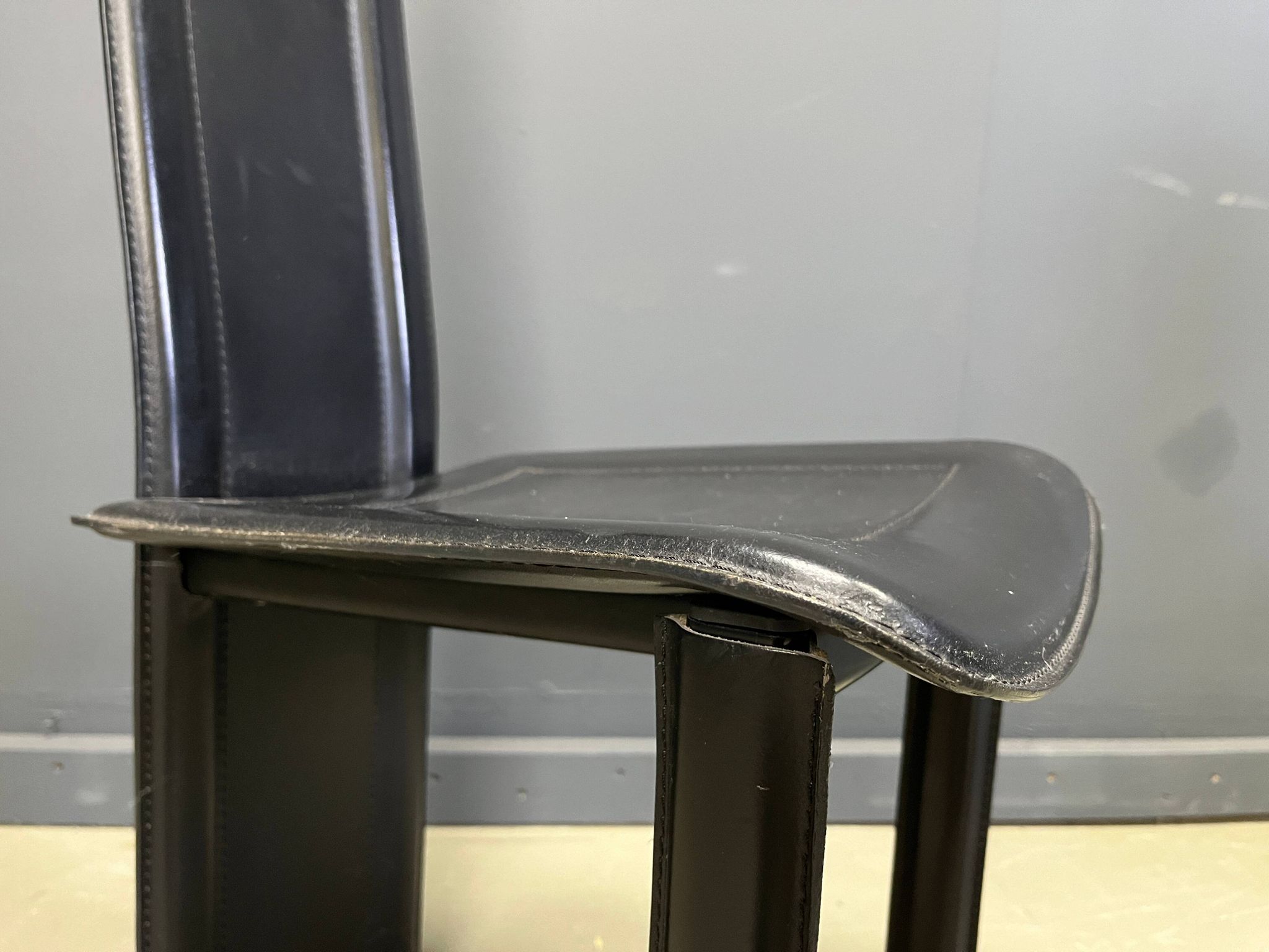 Vintage black leather dining chairs, set of 6, 1980s