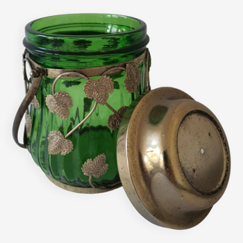 Old Green Glass Biscuit Or Candy Jar Decorated With Metal Leaf